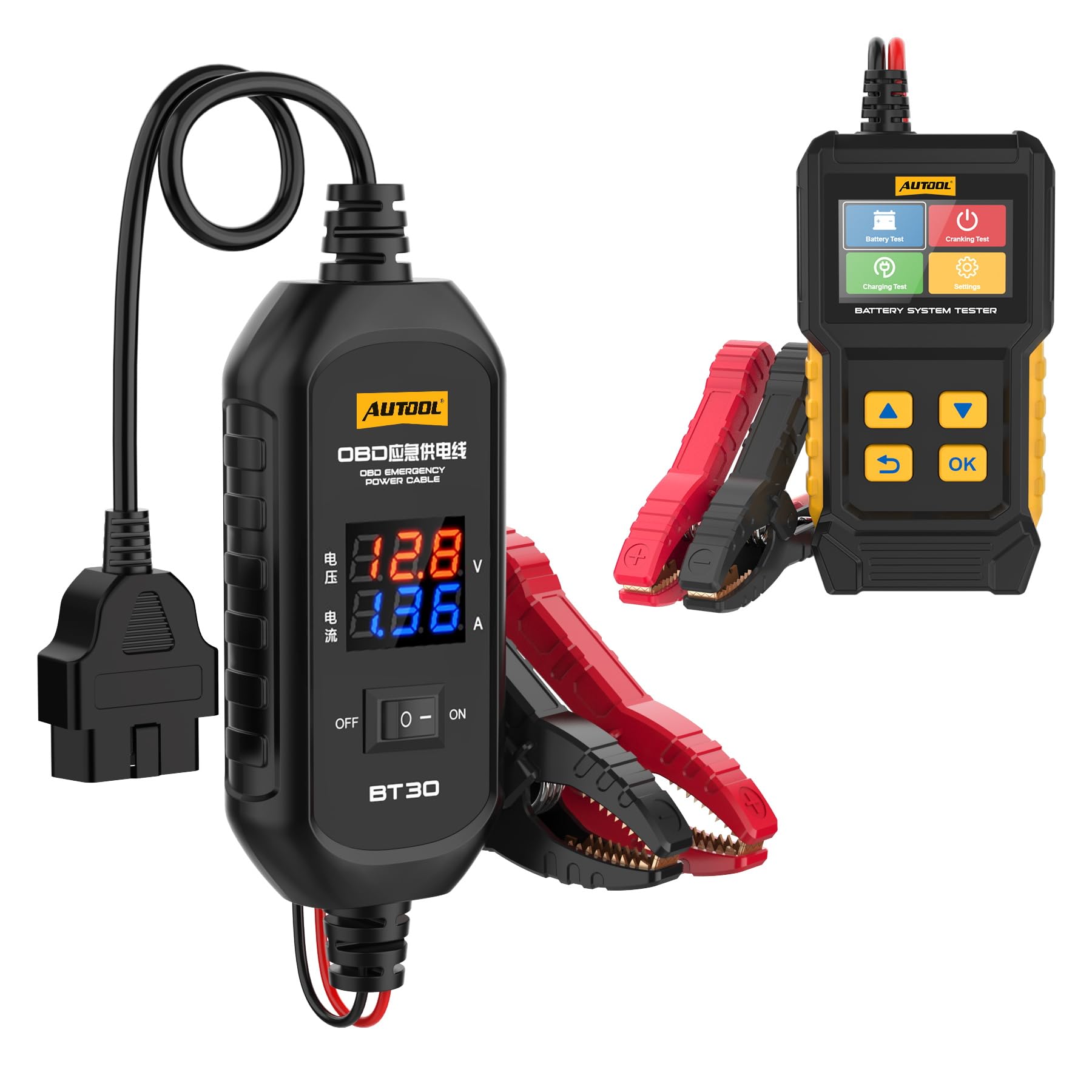 AUTOOL BT360 Testeur Batterie Voiture,12/24V Testeur de Batterie, 30-2000 CCA et BT30 OBD 2 Câble d'alimentation électrique de Secours pour Véhicule
