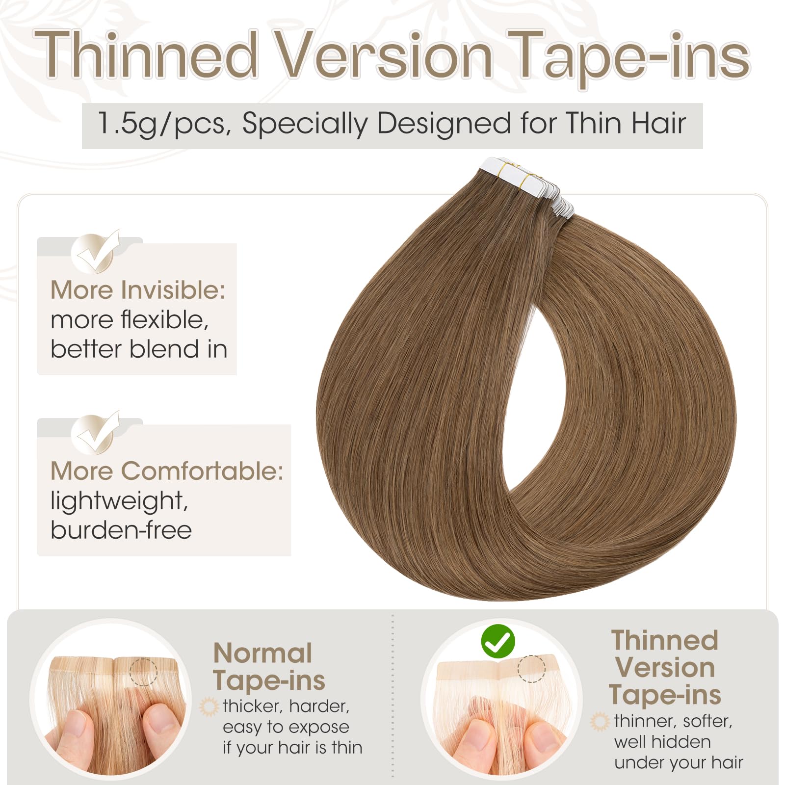 Elailite Tape in Hair Extensions Human Hair Real Human Hair 10 Pcs Invisible Thin Type - Image 2