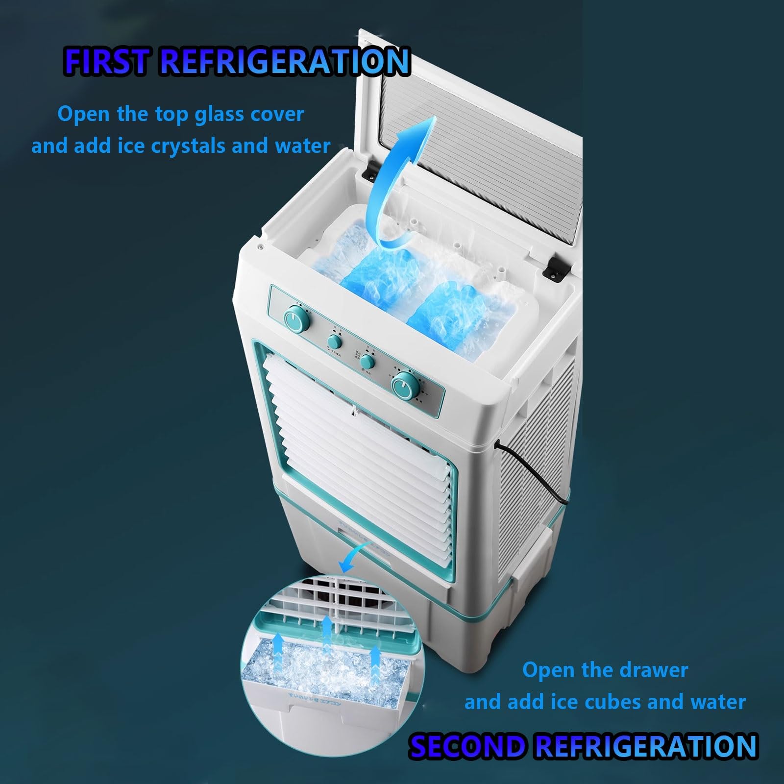 Condizionatore Portatile 3 velocità 220 V 280 W Raffrescatore Evaporativo con Borsa del Ghiaccio E Ruote Universali Doppio Sistemas di Raffreddamento(Blue)