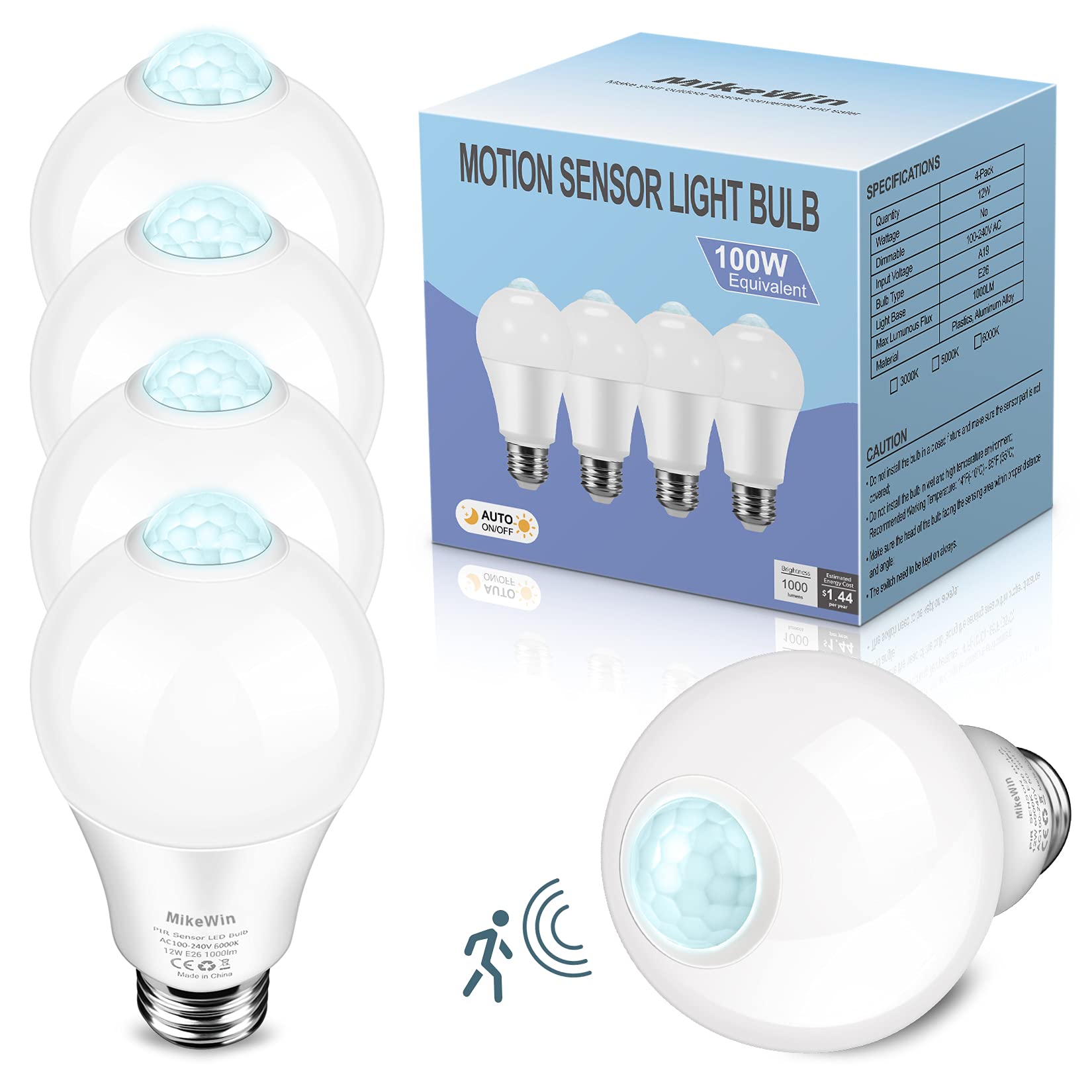 Photo 1 of MikeWin Motion Sensor Light Bulbs Outdoor 4 Packs 12W(100W Equivalent) Security LED Bulb, Indoor E26, A19, 6000K Cool White Dusk to Dawn Bulb for Garage Front Door Porch Stairs Hallway Cool White 6000K 4p motion sensor