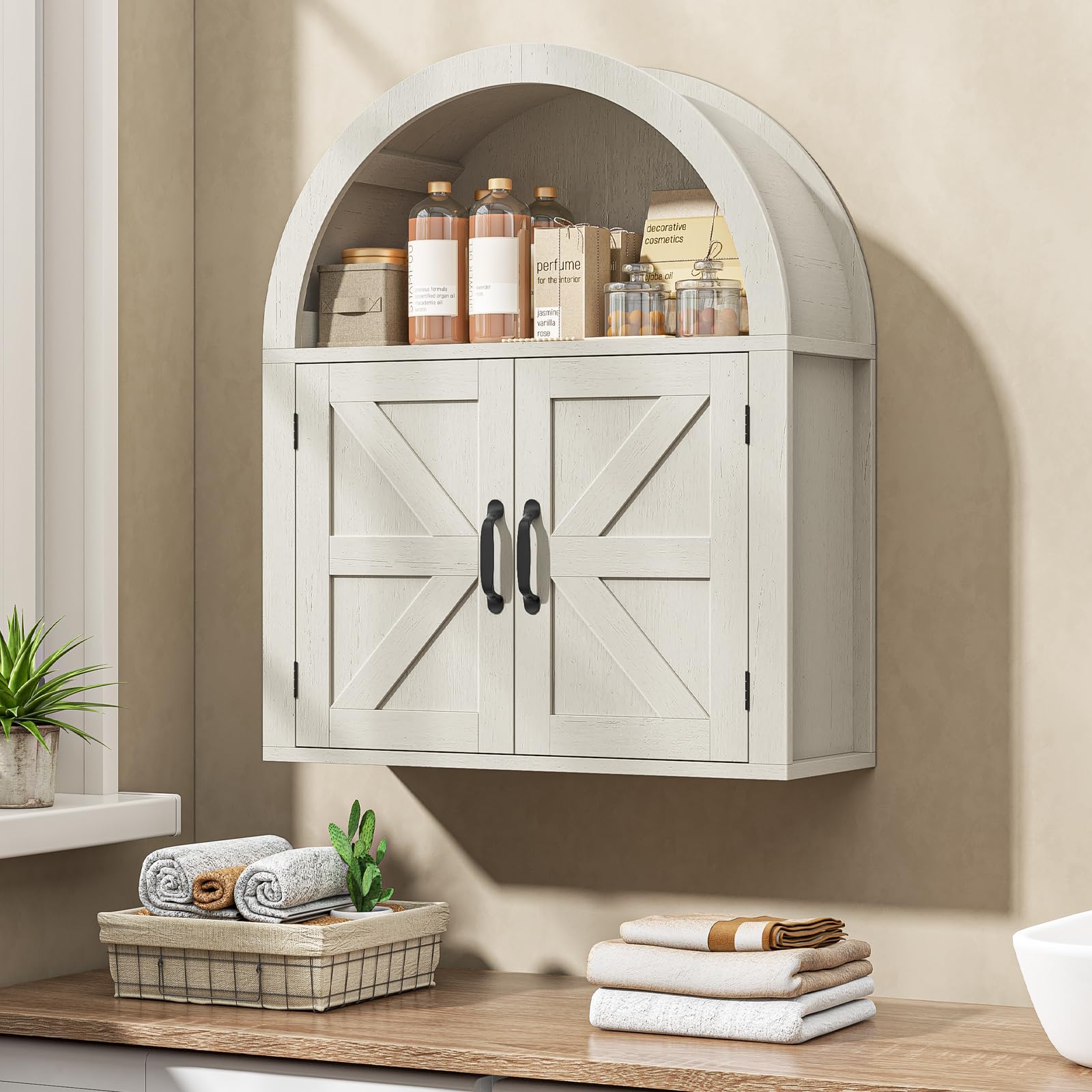 Arched Bathroom Wall Cabinet, Rustic White Farmhouse Cabinet, 23.6 x 28.7''