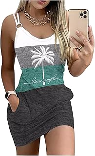 Live Simple Coconut Tree Color Block Pocket Mini Dress Women Summer Beach Sleeveless Strap Tshirt - Buy now