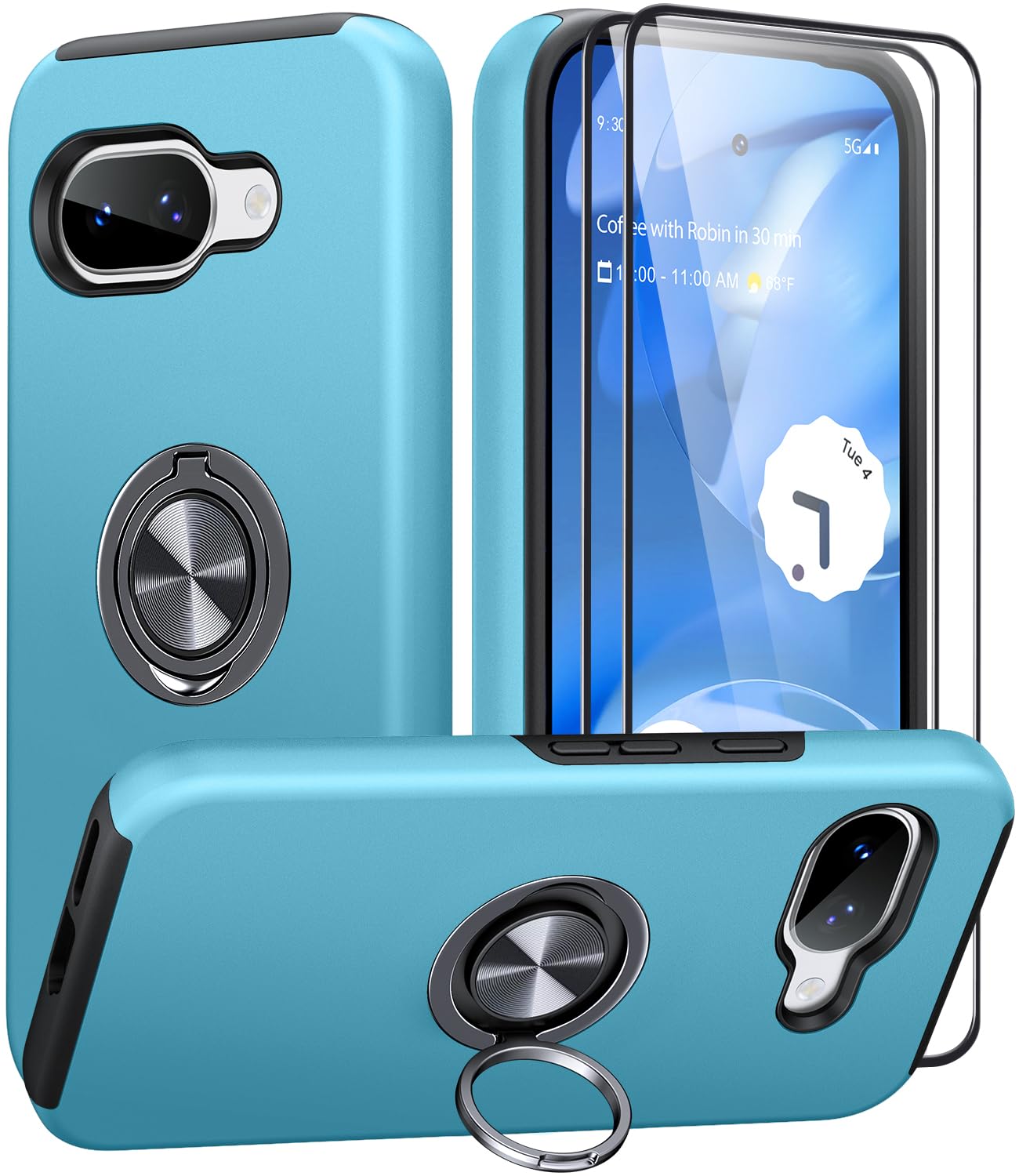 AOUIA für Google Pixel 9A Hülle mit 2 Stück Schutzfolie, Militärischer Schutz Stoßfest Pixel 9A Hülle mit 360° Drehbarem Ring Kickstand Handyhülle für Google Pixel 9a, Sierra Blau