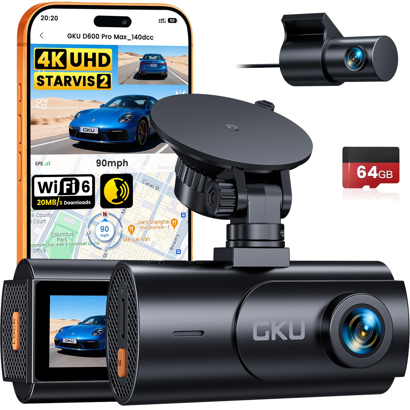 GKU 4K Dash Cam Front and Rear, Starvis 2 Sensor, 5.8GHz WiFi 6 Dashcam | with 64GB SD Card, Voice Control, 3 "IPS Car Camera Dash Cam, GPS, Night Vision, 24H Parking Mode, G-sensor, App Control
