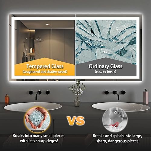 Miniatura 3 de Espejo de baño LED de 72 x 36 pulgadas con luz frontal + retroiluminada, espejo de baño de vidrio templado con luces, antivaho, 3 colores con