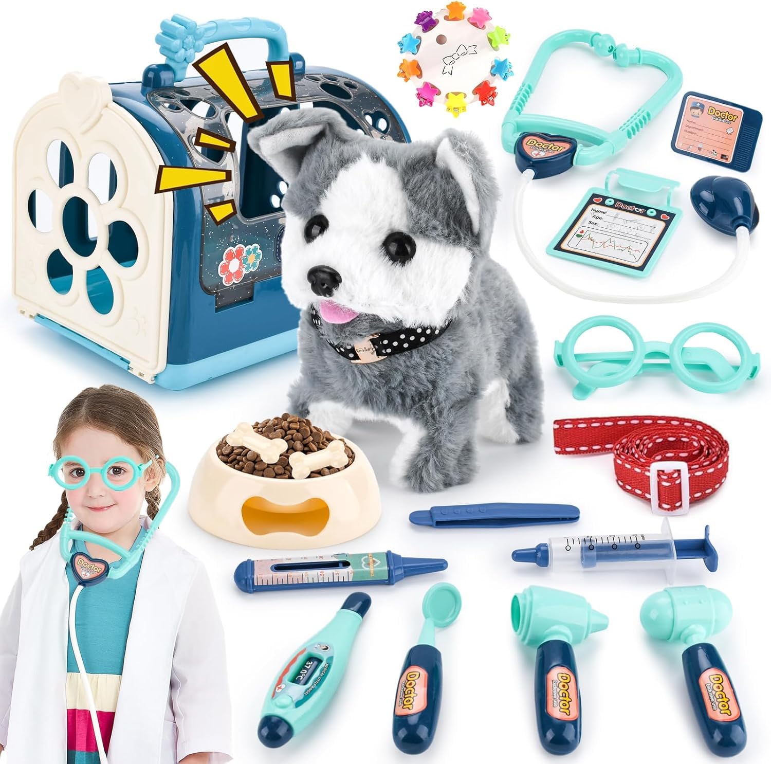 Electrónico Perrito Juguete Ladra y Anda con Jaula,Juego de Roles Regalo de Cumpleaños para Niños,Peluche Animales Perro Robot Interactivo Juguete Niña 2-5 Años Regalo Cumpleaños Navidad - Azul
