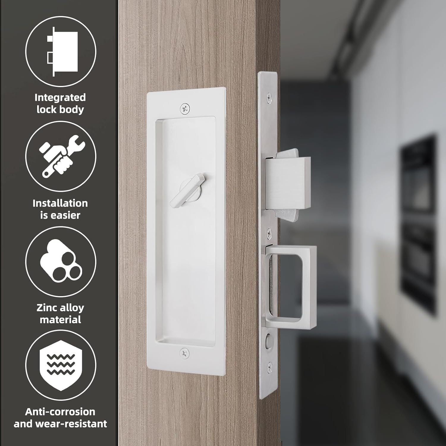 Pocket Door Privacy Lock,Modern Rectangular Pocket Door Hardware, Finger Flush Pulls with Edge Pull for Pocket Doors, Sliding Doors,Folding Doors etc (Sliver, No Key)