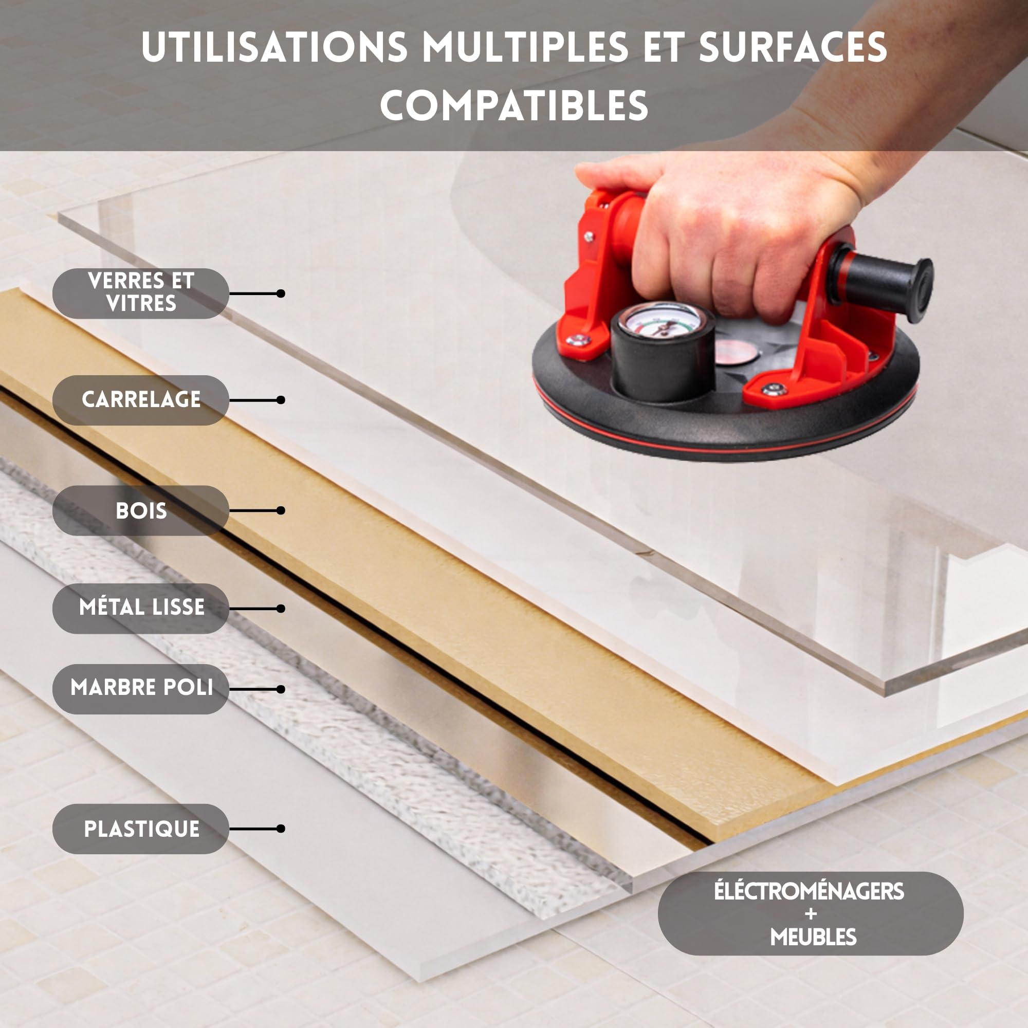 2 Ventouses Carrelage RockToolUp 200mm avec Manomètre | Capacité jusque 400kg, Professionnelles, Pour Carreaux, Pare-brise, Meuble, Déménagement, Kit & Malette incluse