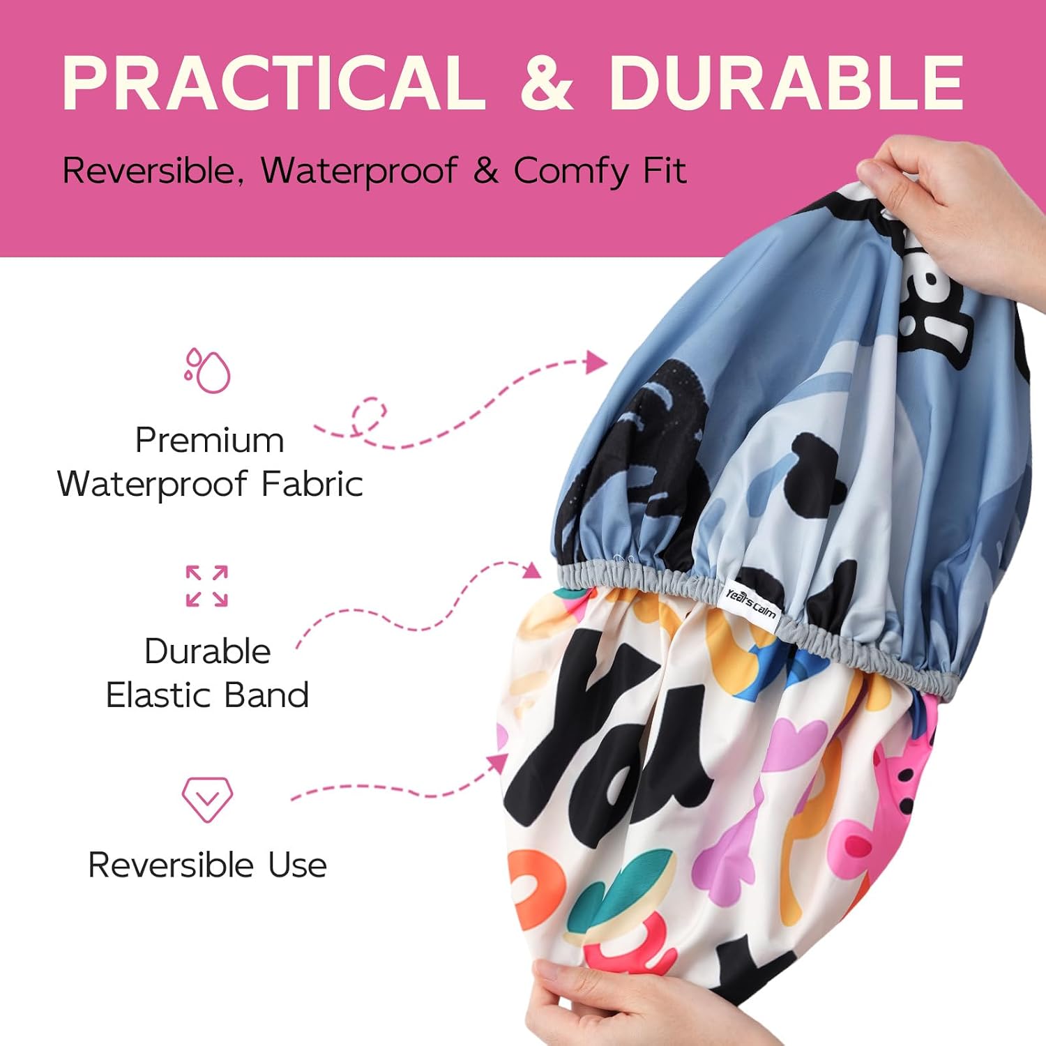 Years Calm Waterproof Shower Cap for Women - Double Sided Design for Long Thick Hair, Secure Fit & Flexible Elastic Band, Reusable Bath Cap for Shower, Spa, Travel (Mood Switch 2)