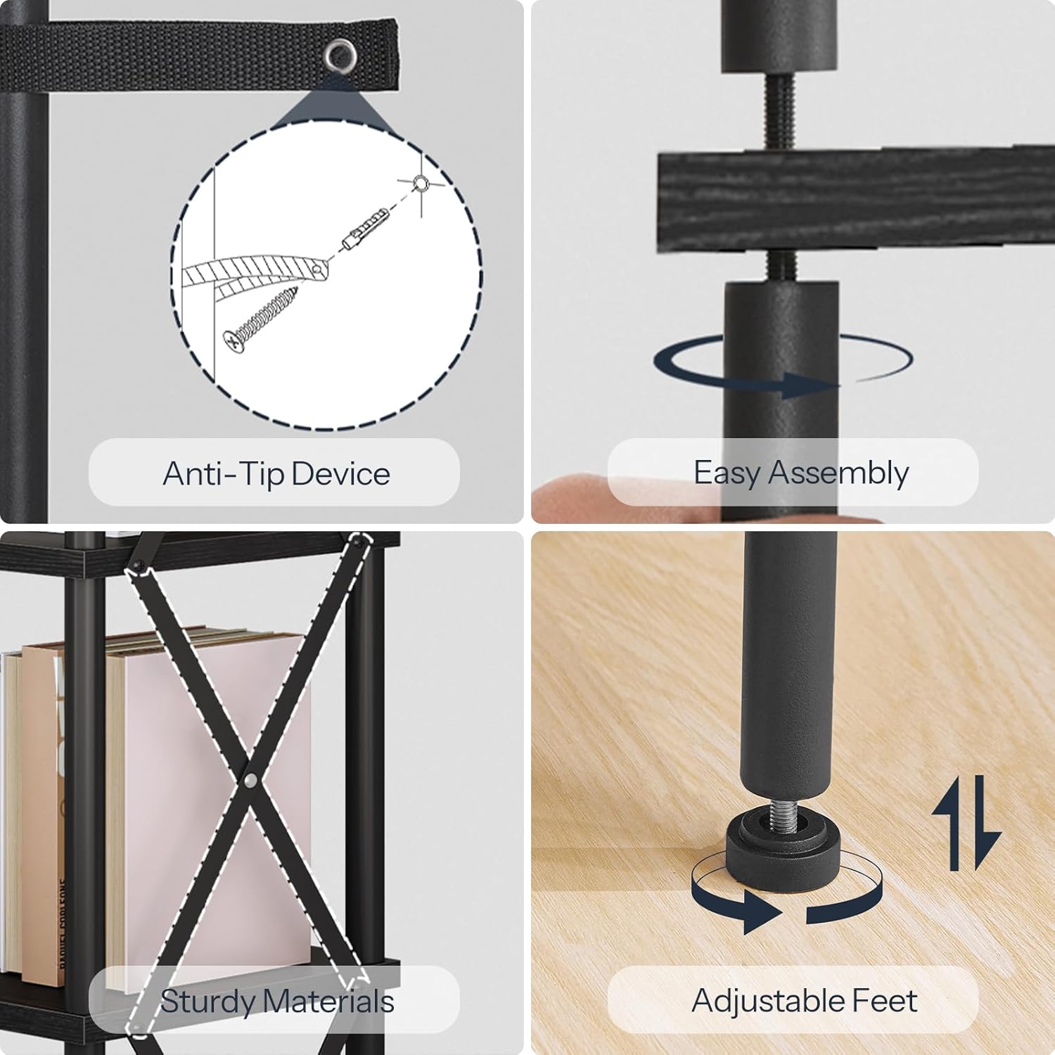 Close-up images showing the anti-tip device, easy assembly method, sturdy materials, and adjustable feet of the HOOBRO bookshelf.