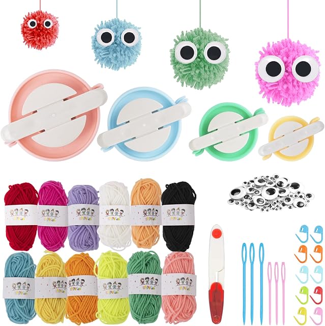All-in-One Pom Pom Maker Set, JC-Houser 4 Sizes Pompom Makers Fluff Ball Weaver with Yarn Scissors Needles Pins and Decorations, DIY Wool Knitting Craft Tool Kit for Kids and Adult
