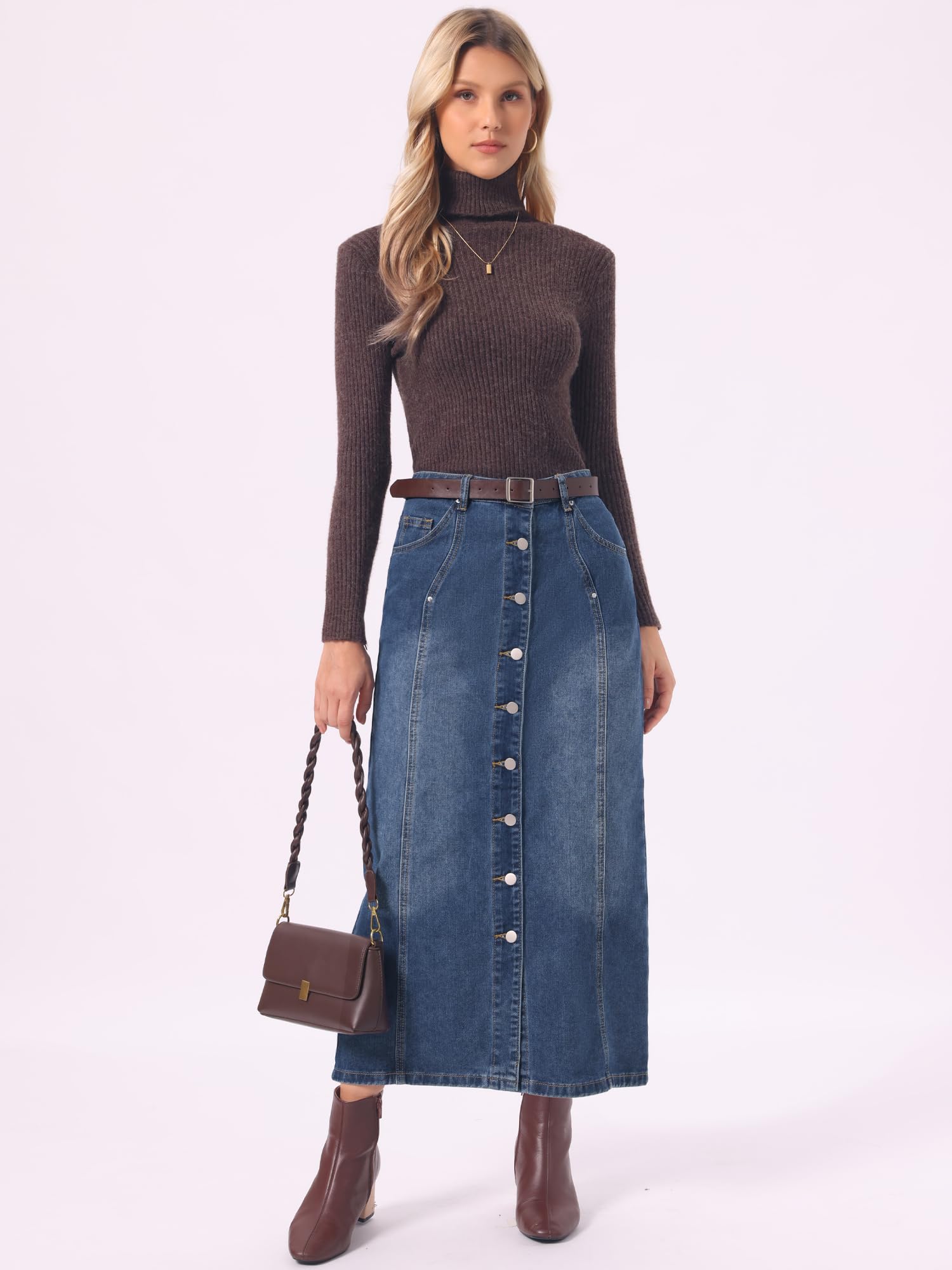Allegra K Femme Jupe Longue en Jean Boutonnée Coupe Droite | Taille Haute Ourlet Droit Boutonnage Intégral Poches Obliques Coutures Verticales Denim Délavé Style Western