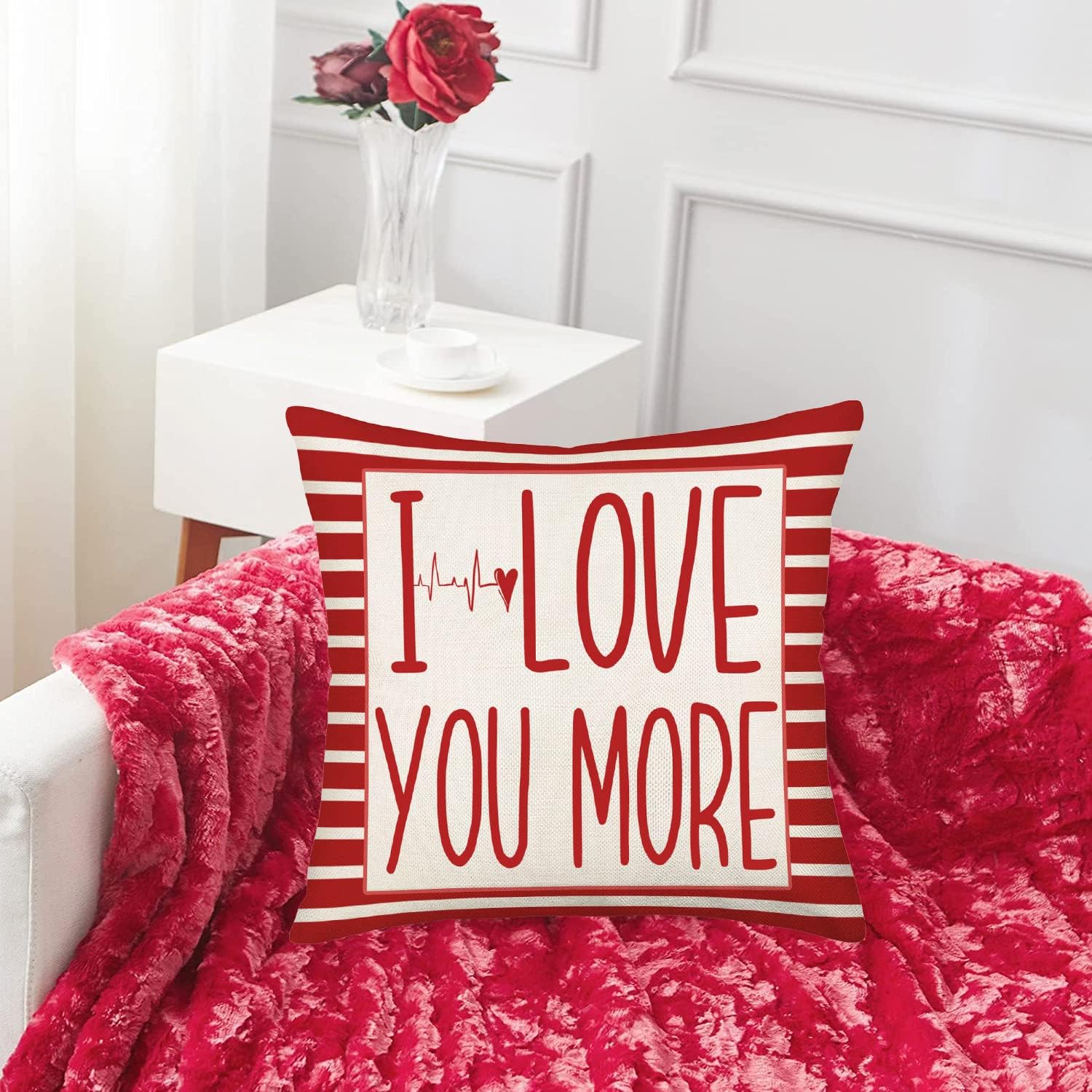 Happy Valentines Day I Love You More Pillow Covers Set of 4 Red and White Stripes with Love Heart Gnome Home Sofa Bedroom Decor Throw Pillow Cases 20x20 Inch, Cotton Linen