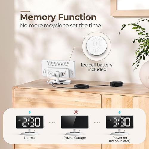 Miniatura 7 de Reloj despertador digital con carga inalámbrica, reloj LED con espejo para decoración de dormitorio con 5 brillos + apagado, cargador USB, volumen