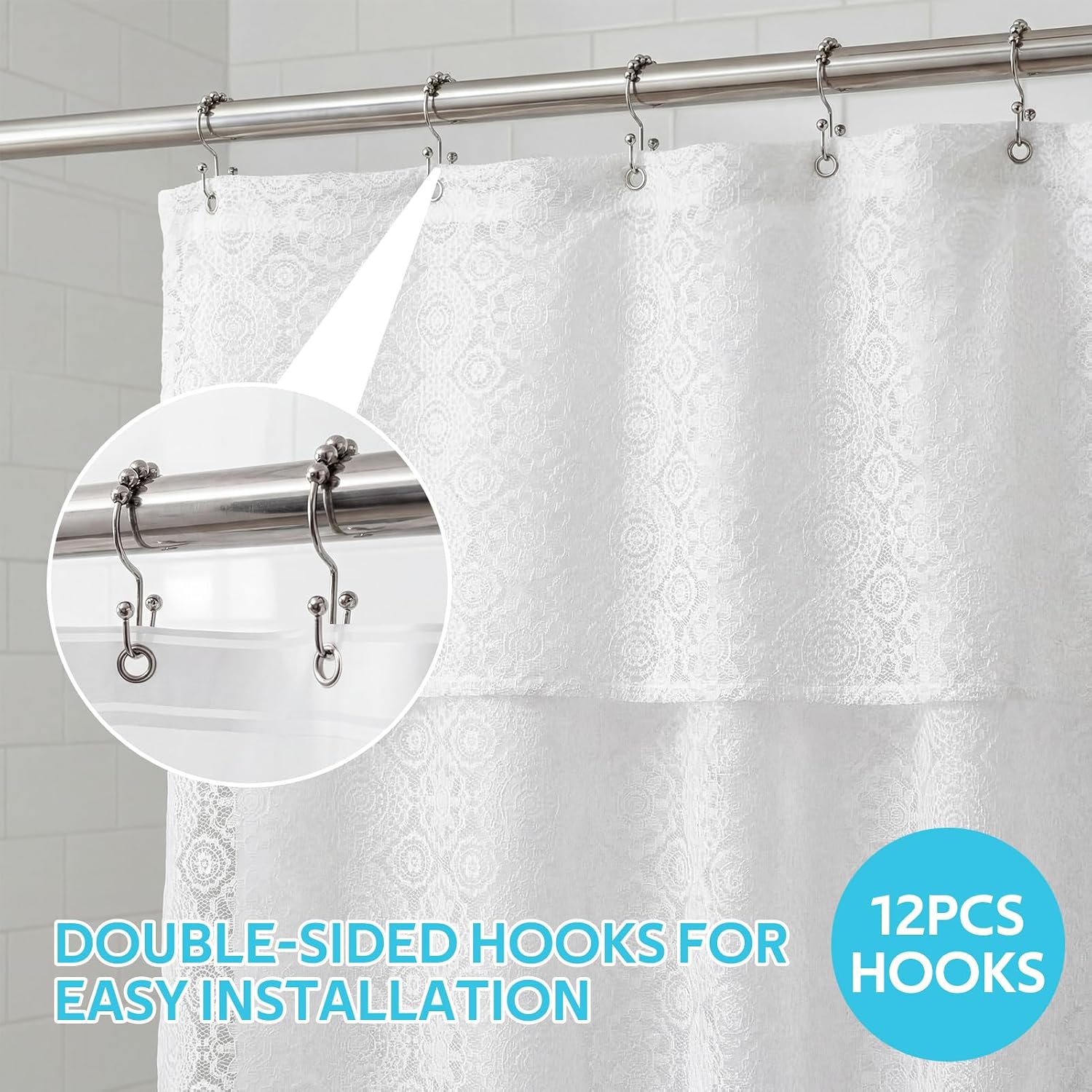 Lace Shower Curtain with Liner Set, White 3-in-1 Shower Curtain with Attached Valance, Boho Vintage Sheer Scalloped French Country Bathroom Decor, Includes 12 Stainless Steel Hooks, 72 x 72