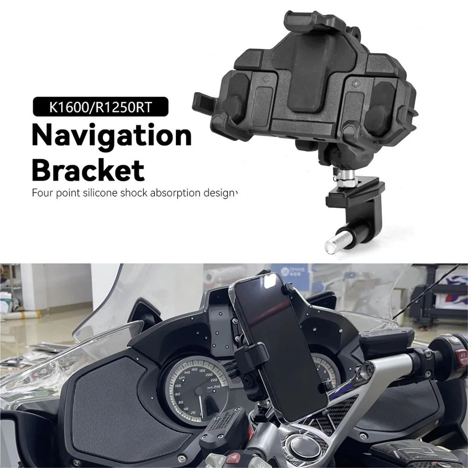 Uchwyt na telefon Uchwyt Do nawigację GPS do, amortyzator, przedłużacz do telefonu, pasujący do Bmw K1600GT, K1600GTL, K1600B, R1200RT, R1250RT Motocyklowy uchwyt nawigacyjny GPS(Black 1-set)