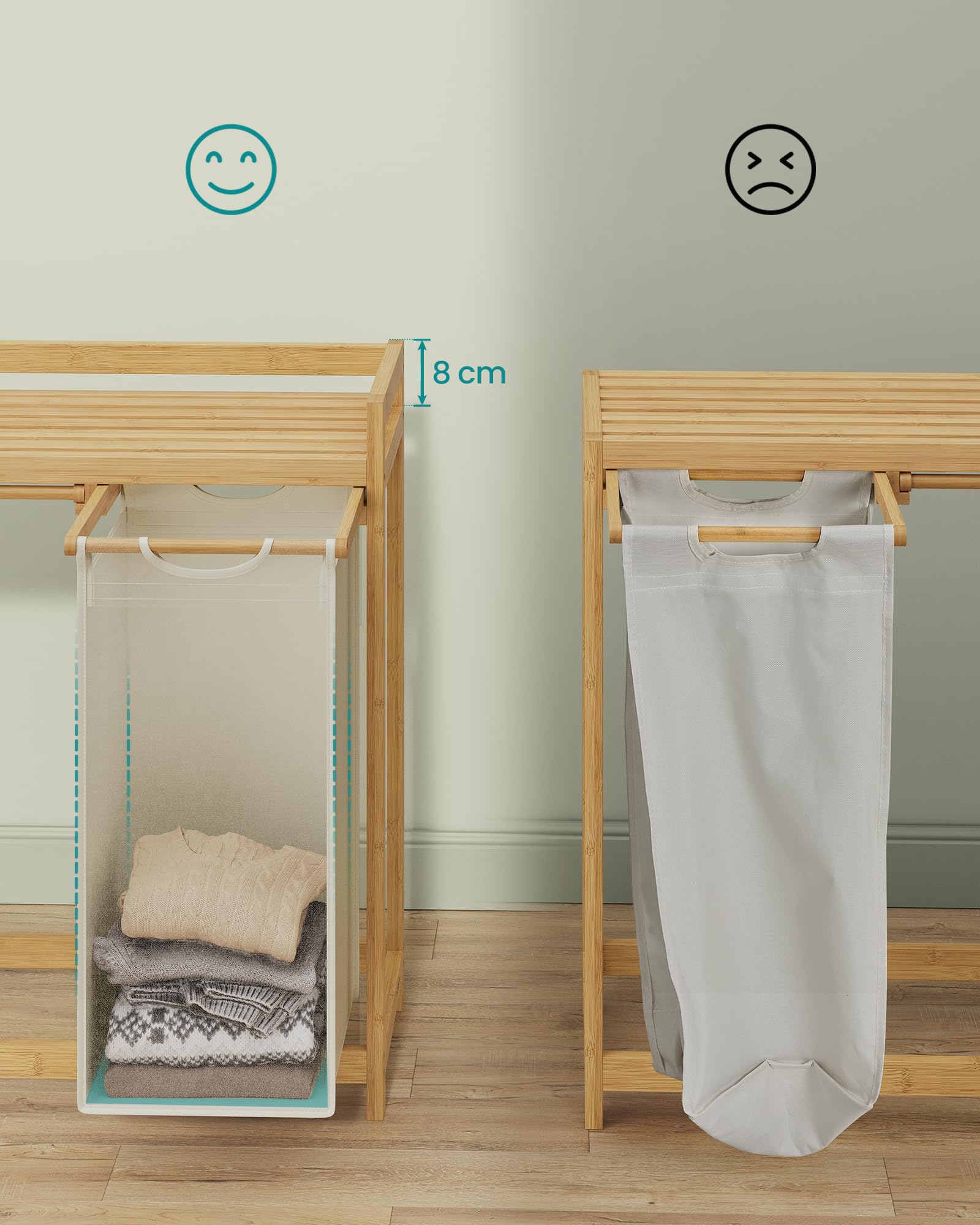 SONGMICS Kosz na pranie, z 3 przegródkami, kosz na brudną bieliznę, bambusowy, pojemność 150 l, z półką, kieszeniami bocznymi, 3 x 50 l, 94 x 33 x 78 cm, kremowo-biały RLH115W01
