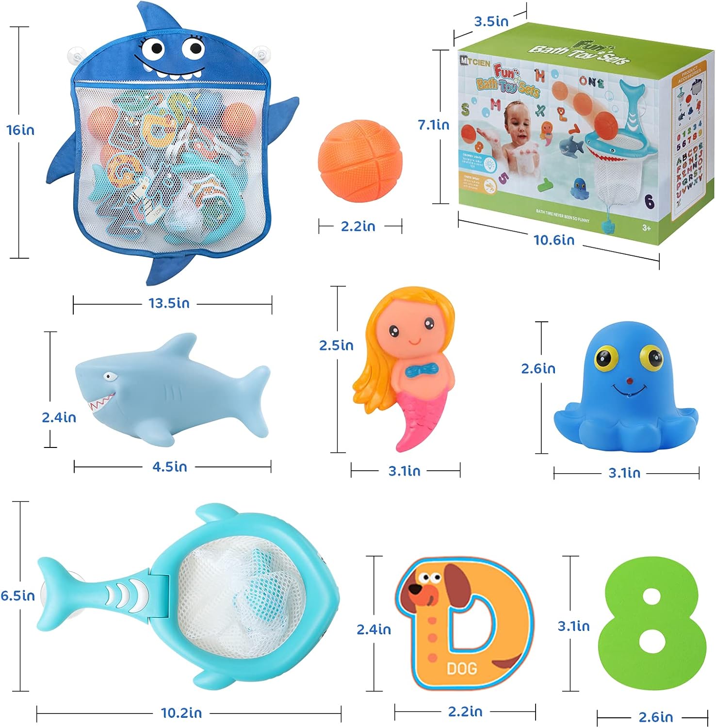 Baby Bath Toys with Organizer Bag 36 Foam Bath Letters and Numbers, 3 Light up Animal & 3 Bath Basketball,Fishing Net for Fish Catching and Pitching Game - for Babies Toddlers Bathtub Time : Toys & Games