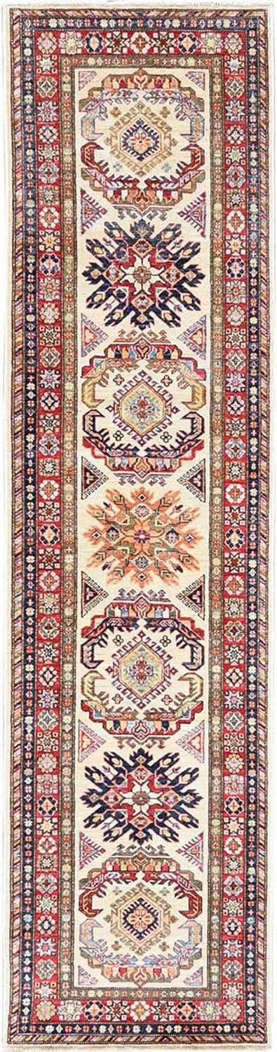 Ivory Afghan Super Kazak in a Colorful Pattern Shiny Wool Hand Knotted Oriental Runner Rug (2'7"x10')