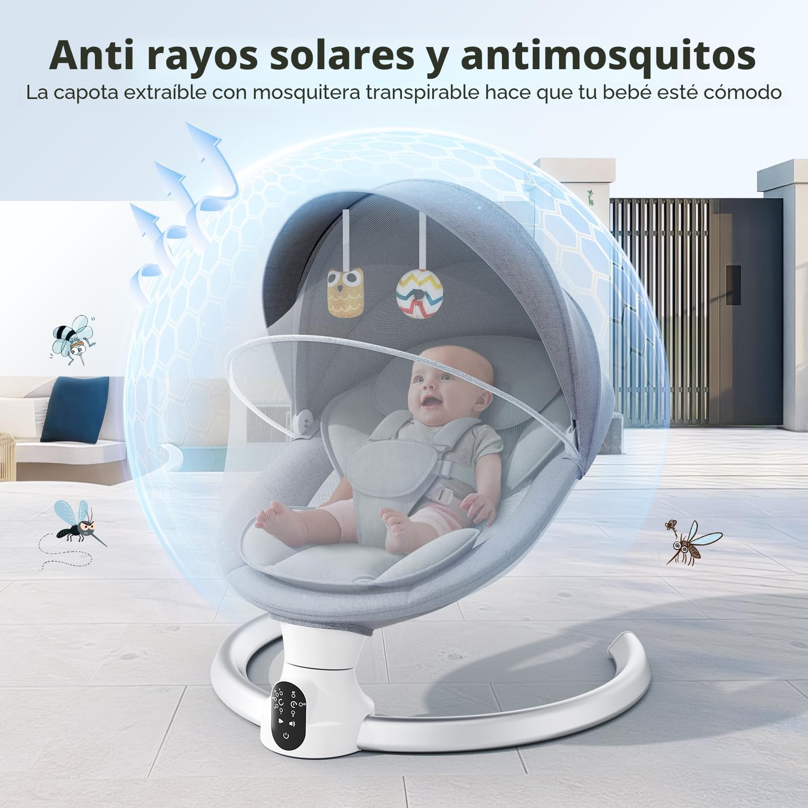 Columpio para bebés, balancín eléctrico con aplicación y mando a distancia, arnés de 5 puntos mejorado, 10 canciones Bluetooth y 5 velocidades, soporta 9 kg