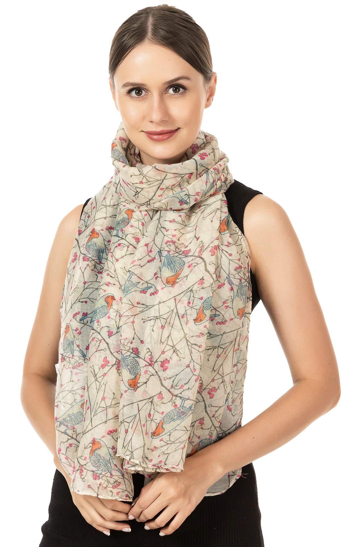 World Of Shawls Women's Robin Birds Cream New Celebrity Style Long Scarf Scarves Maxi Sarong (Robin Birds Cream)