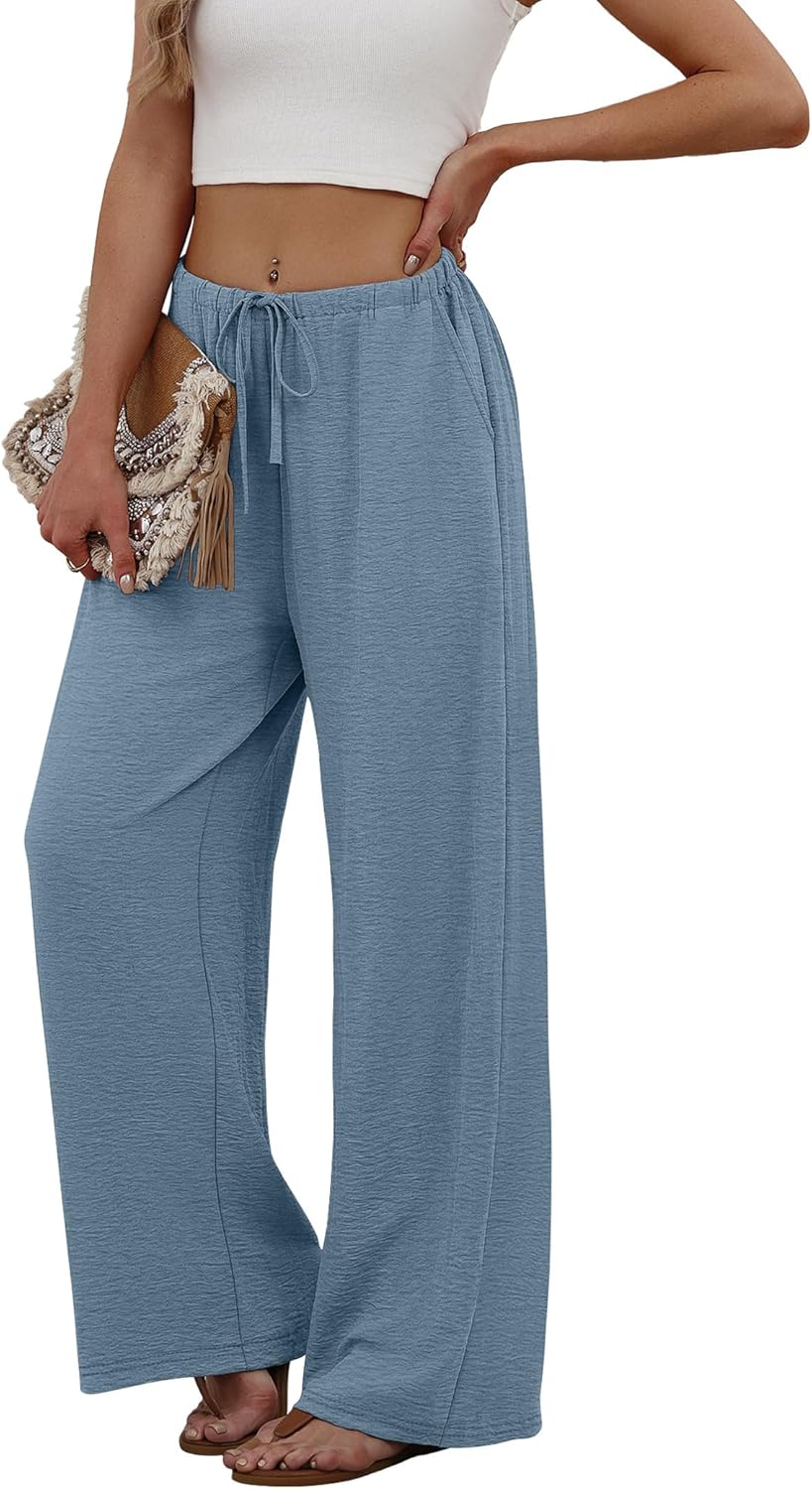 Sampeel Wide Leg Pants for Women Flowy Palazzo Drawstring Elastic Waist Trousers with Pockets Summer Beach Vacation Clothes - Image 4