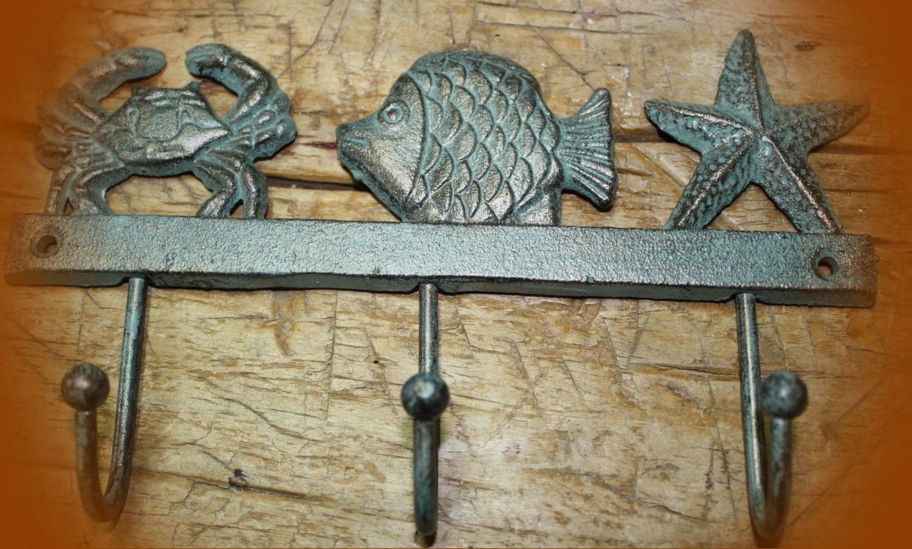 Nautical Towel Coat Hooks Hat Hook Key Starfish Fish Crab Rack Vintage Cast Iron Supplies for Home Decor by CharmingSS (with NO Screws)
