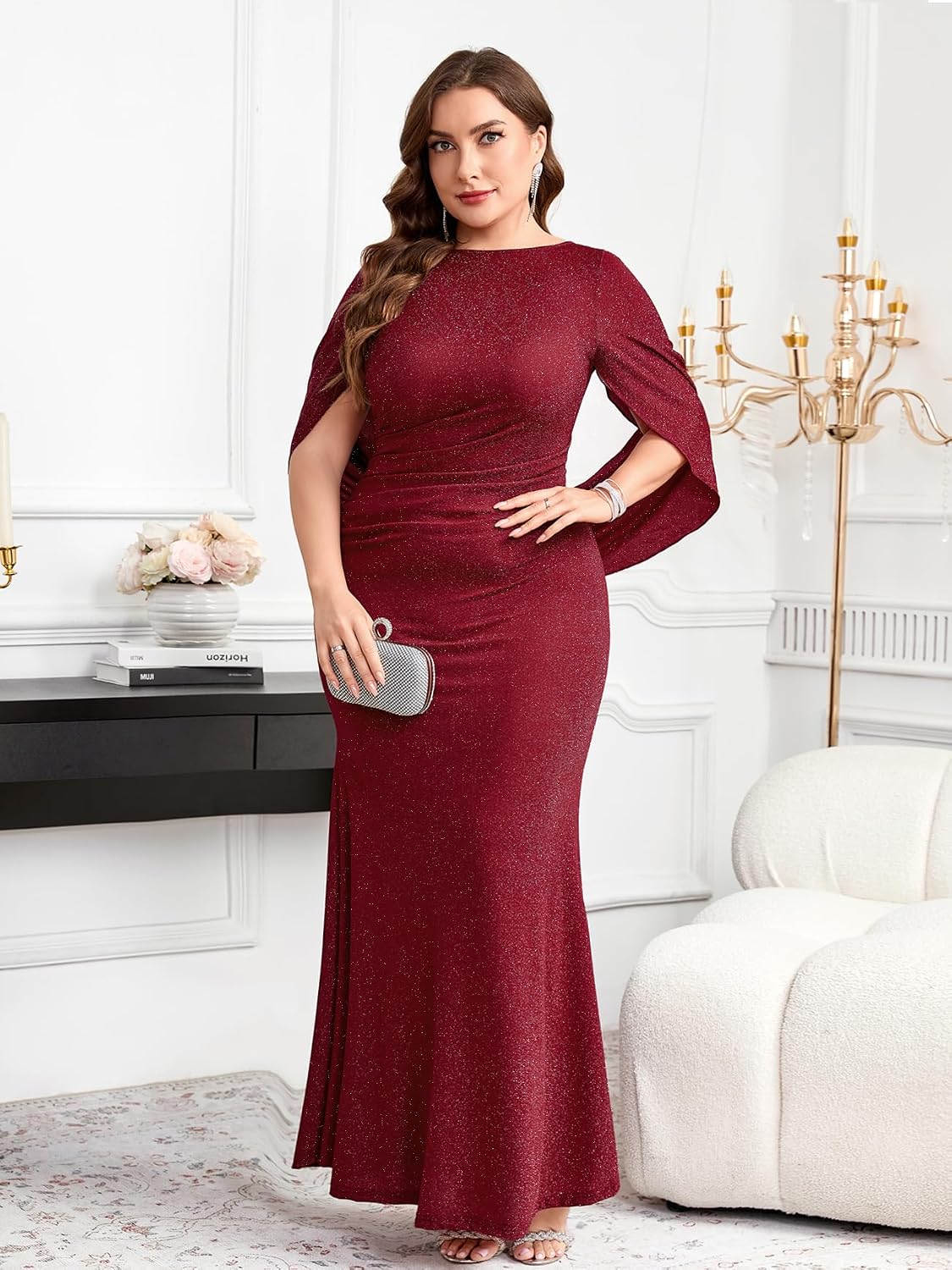 ZOMVA Plus Size Sparkly Glitter Mermaid Maxi Dress Sparkle Sequin Cape Sleeves Ruched Bodycon Dresses Cocktail Formal