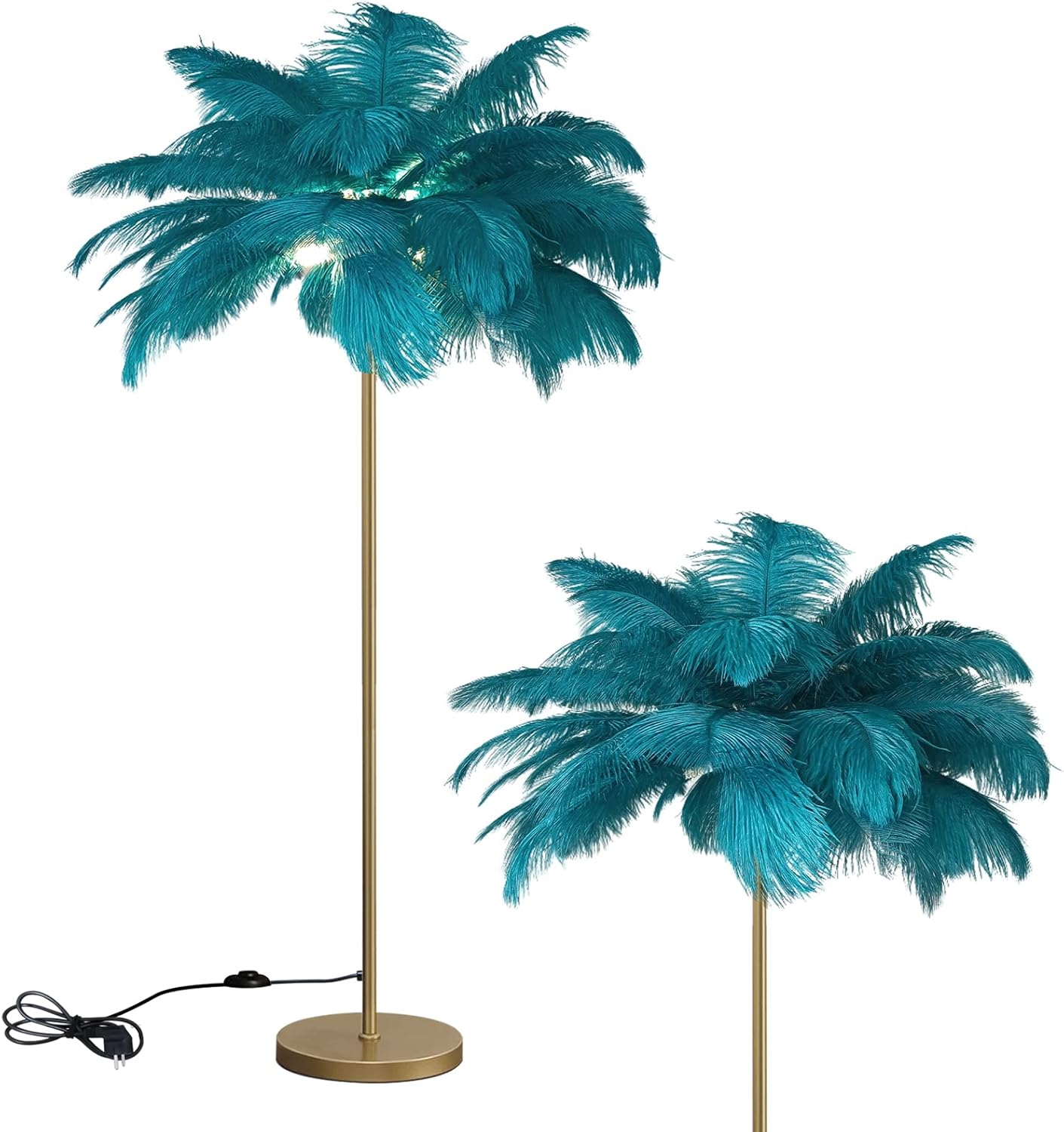 Gold Floor Lamp with Ostrich Feather Shade - Modern Dimmable Reading Lamp for Living Room, Bedroom or Office - 6 x 5W LED Bulbs,Color Changing and Foot Switch Perfect for Kids, Girls Room.63 inch tall