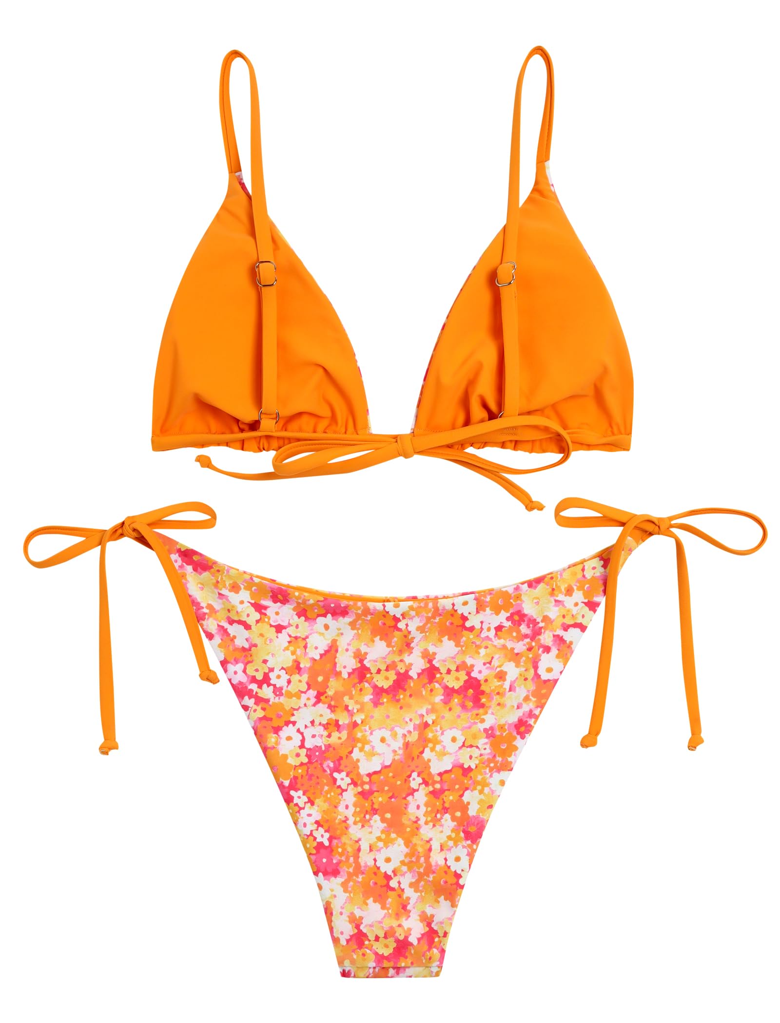ZAFUL Women's Triangle Bikini Floral String Bikini Set Two Piece Swimsuit Bathing Suits: 2-orange Flower Large