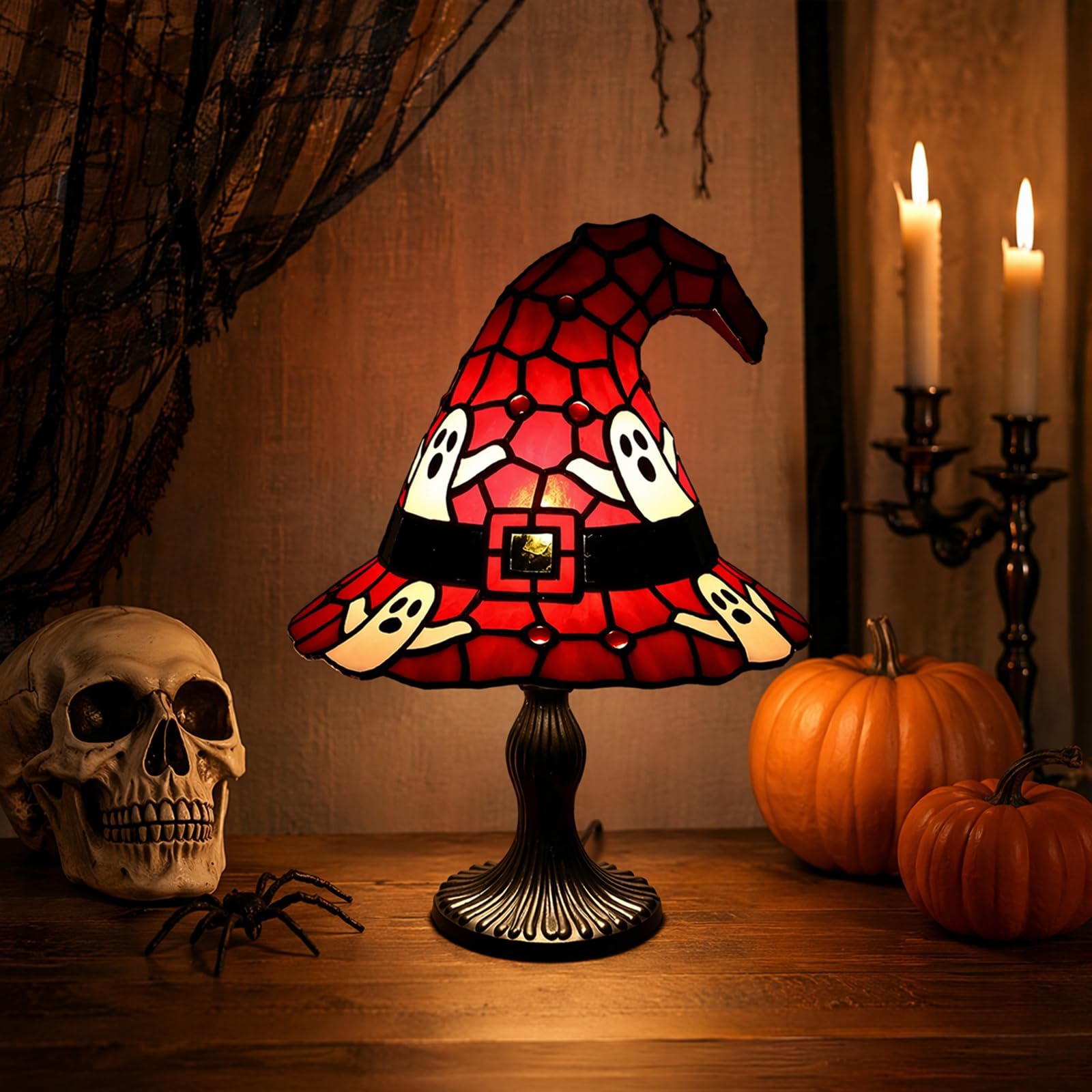 Stained Glass Witch Hat Table Lamp, Gothic Wizard Hats Night Light