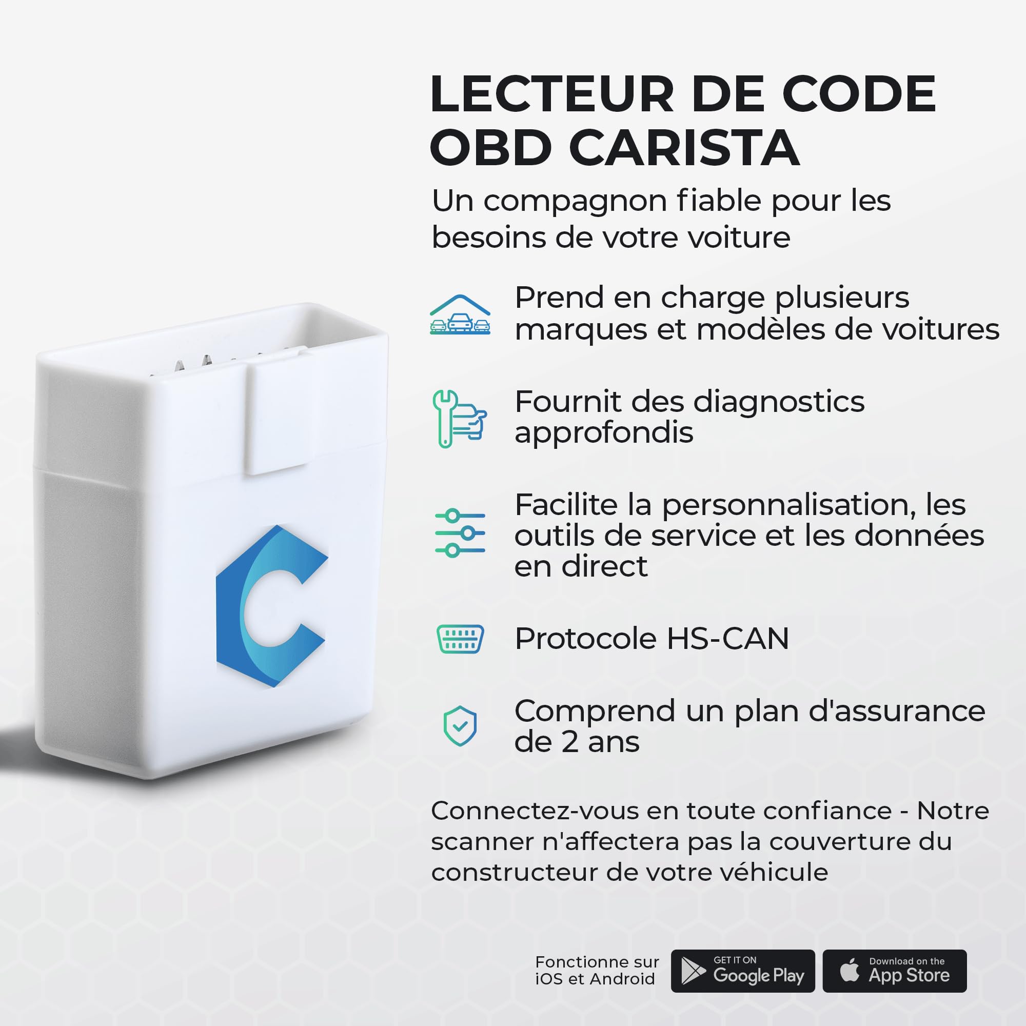Carista OBD- Lecteur Bluetooth: Diagnostics, personnalisations, Outils d'entretien et données en Direct (Abonnement requis)