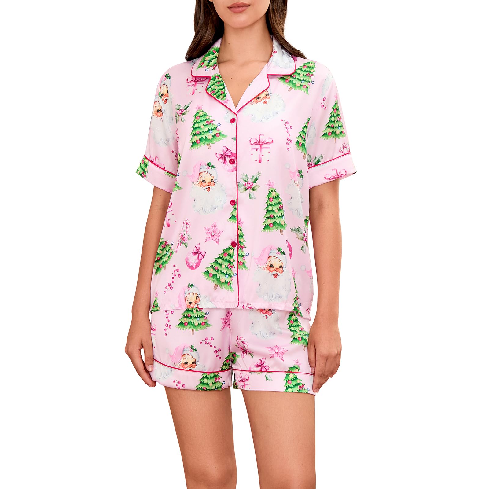 ZZEVOLSSWomen Silk Christmas Pajamas Short Sets Nutcracker Print Short Sleeve Xmas Top and Shorts 2 Piece Satin Sleepwear