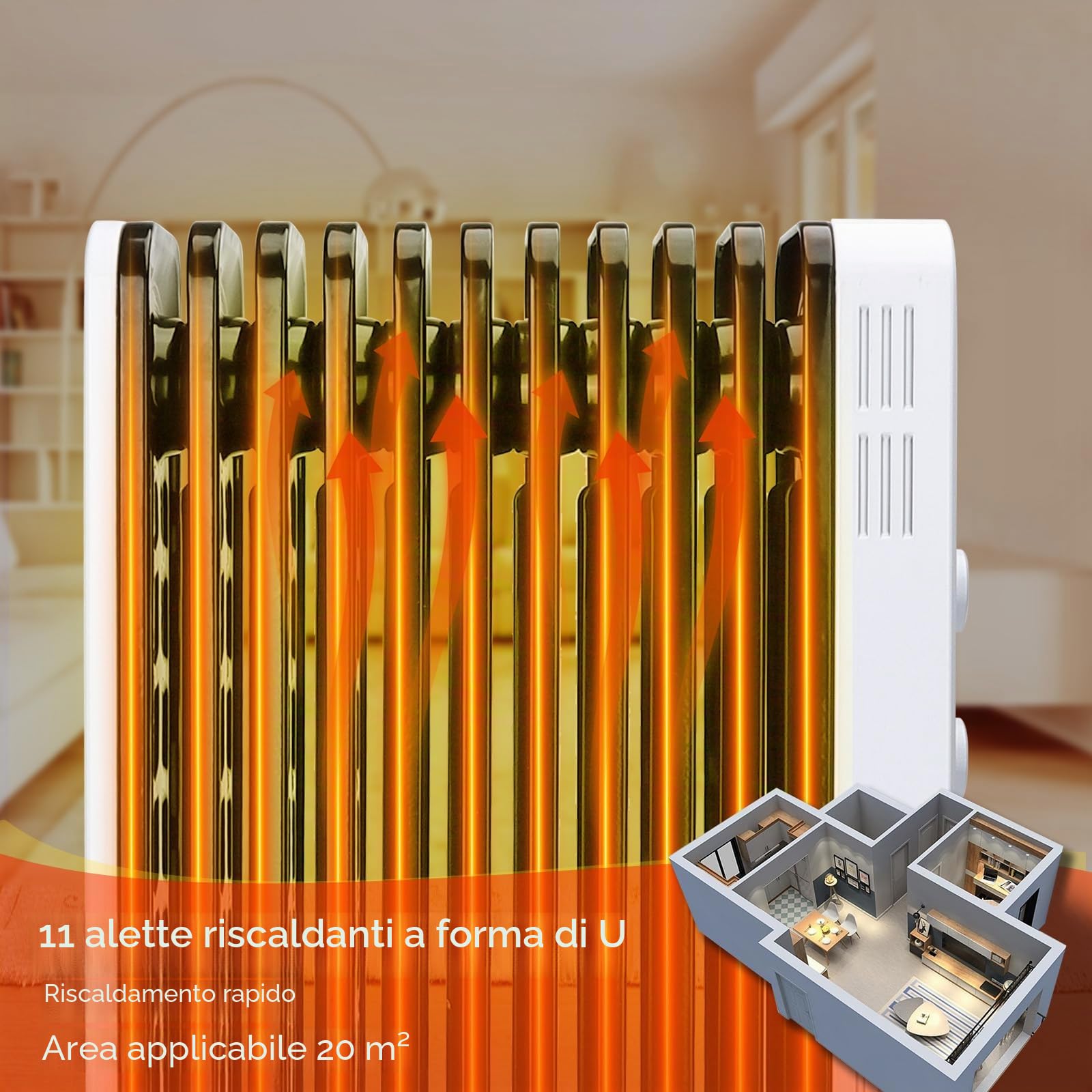 AIGOSTAR LUKE- radiatore ad olio elettrico, 11 Elementi, 2300 W. Termostato Regolabile, 3 Impostazioni di Calore, Risparmio Energetico, Protezione da Surriscaldamento e Antiribaltamento, 20mq