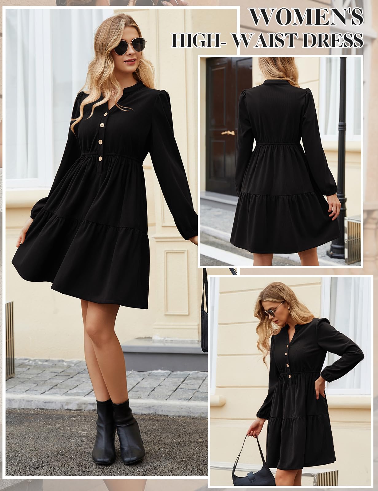 Robe Manche Longue Femme Robe Col V Chic et Elegant pour Automne Hiver
