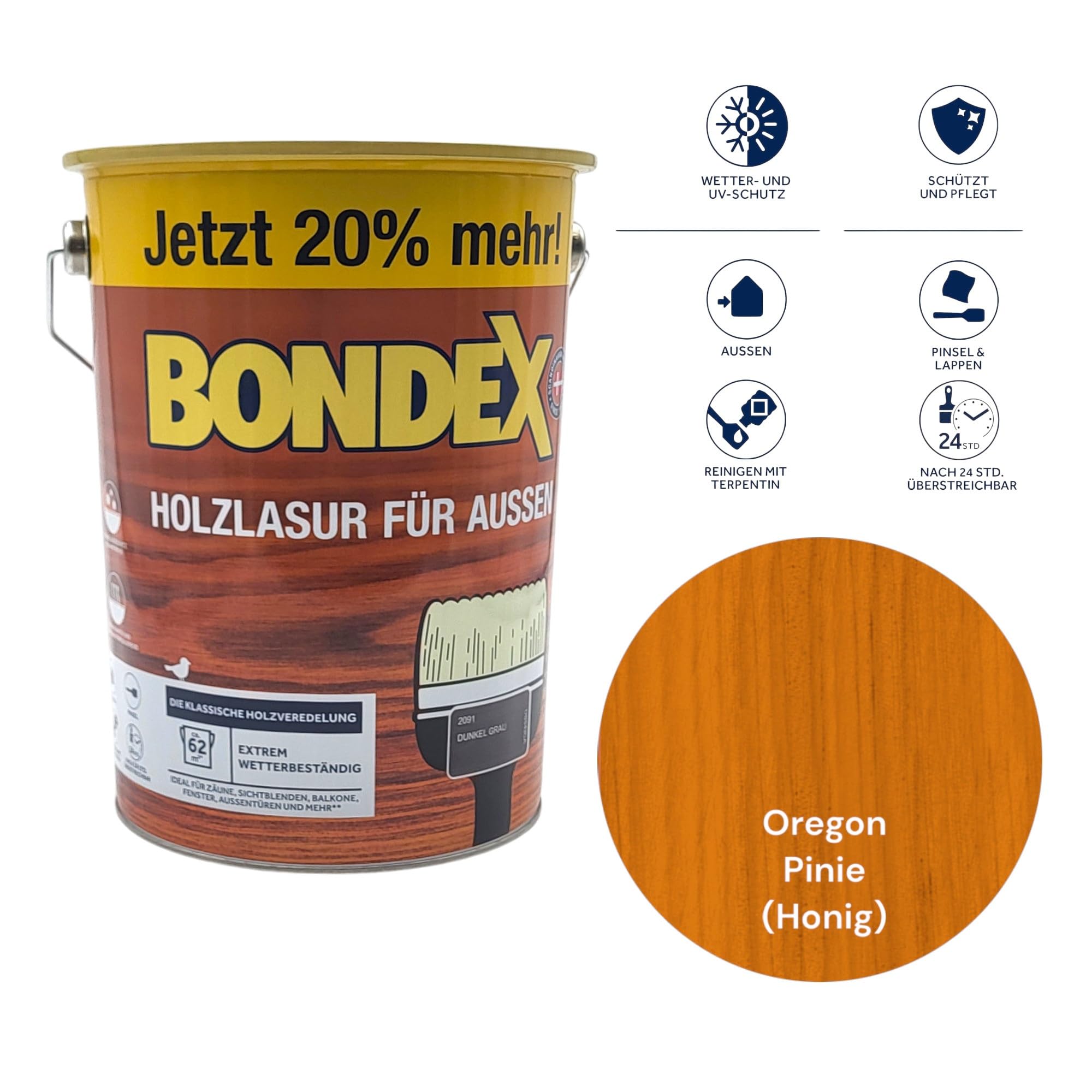 zbs24 Bondex Holzlasur für außen oregon pinie 4,8 Liter, inkl. 3-teiliges Pinselset, hohe Witterungsbeständigkeit, Intensivschutz vor Nässe