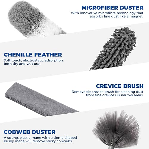 Miniatura 3 de Kit de 9 plumeros para limpieza, herramientas extensibles de microfibra con poste de 100 pulgadas de largo, limpiador de polvo retráctil y flexible,