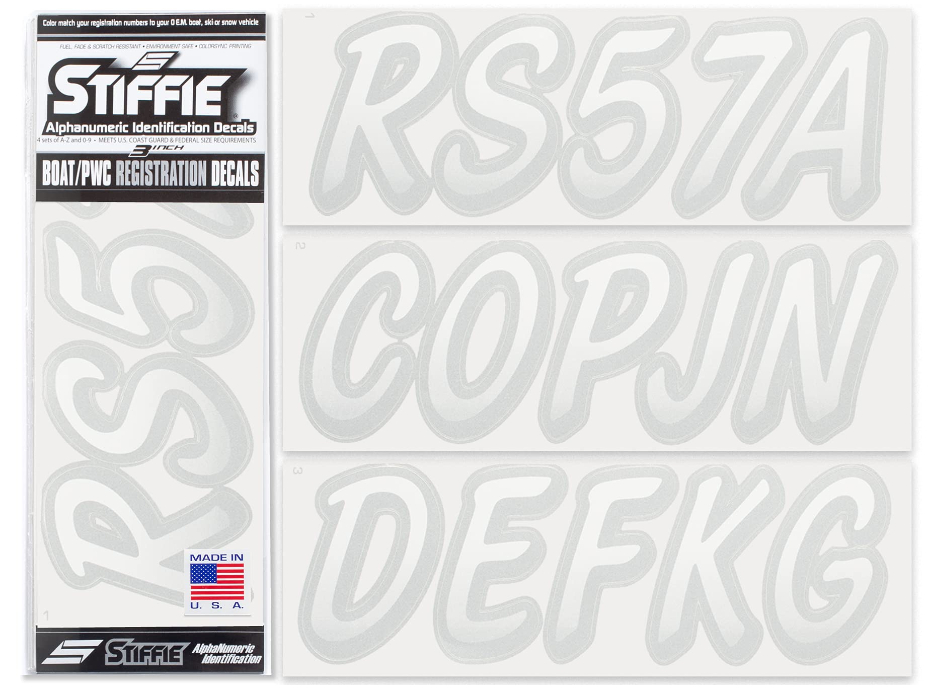 STIFFIE Whipline White/Silver 3" Boat &amp; PWC Registration Decals • Numbers Letters Stickers