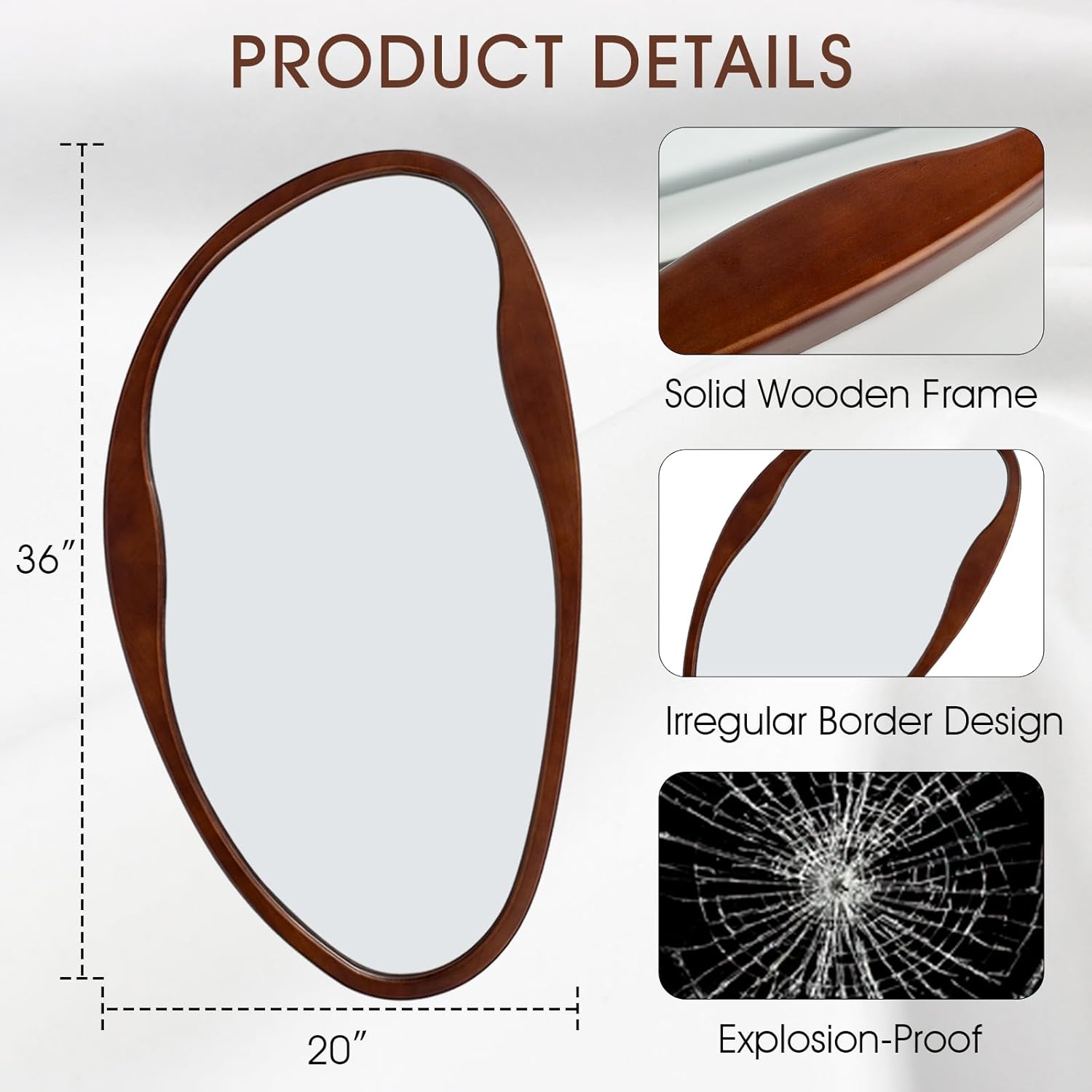 Asymmetrical Wood Mirror, Irregular Wall Mirror, Walnut Wooded Framed Wave Mirrors for Bathroom, Bedroom, Living Room, Entryway, Farmhouse Mid Century Modern Mirrors(36" H x 20" W)