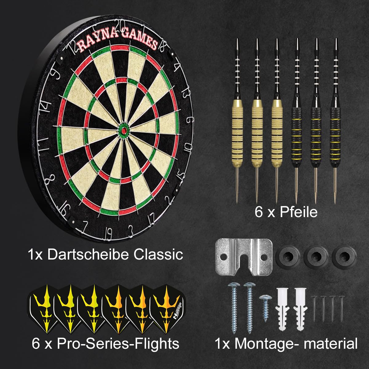 Dartscheibe Kork mit 6 Dartpfeile,Zahlenring Dartscheibe Set mit Dartwerkzeug, Oche-Linie, Wandhalterung