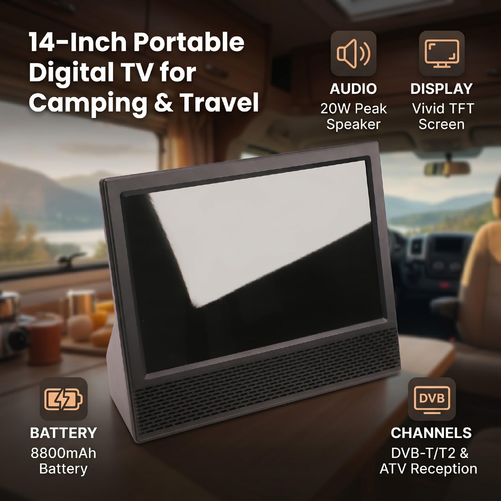 Sxhlseller TV Portátil, Monitor de TV Digital LED TFT de 14 Pulgadas con Sintonizador ATSC T2, Batería Recargable Incorporada y Altavoz de 20 W, para Camping, Viajes, Caravana, Uso Al Aire