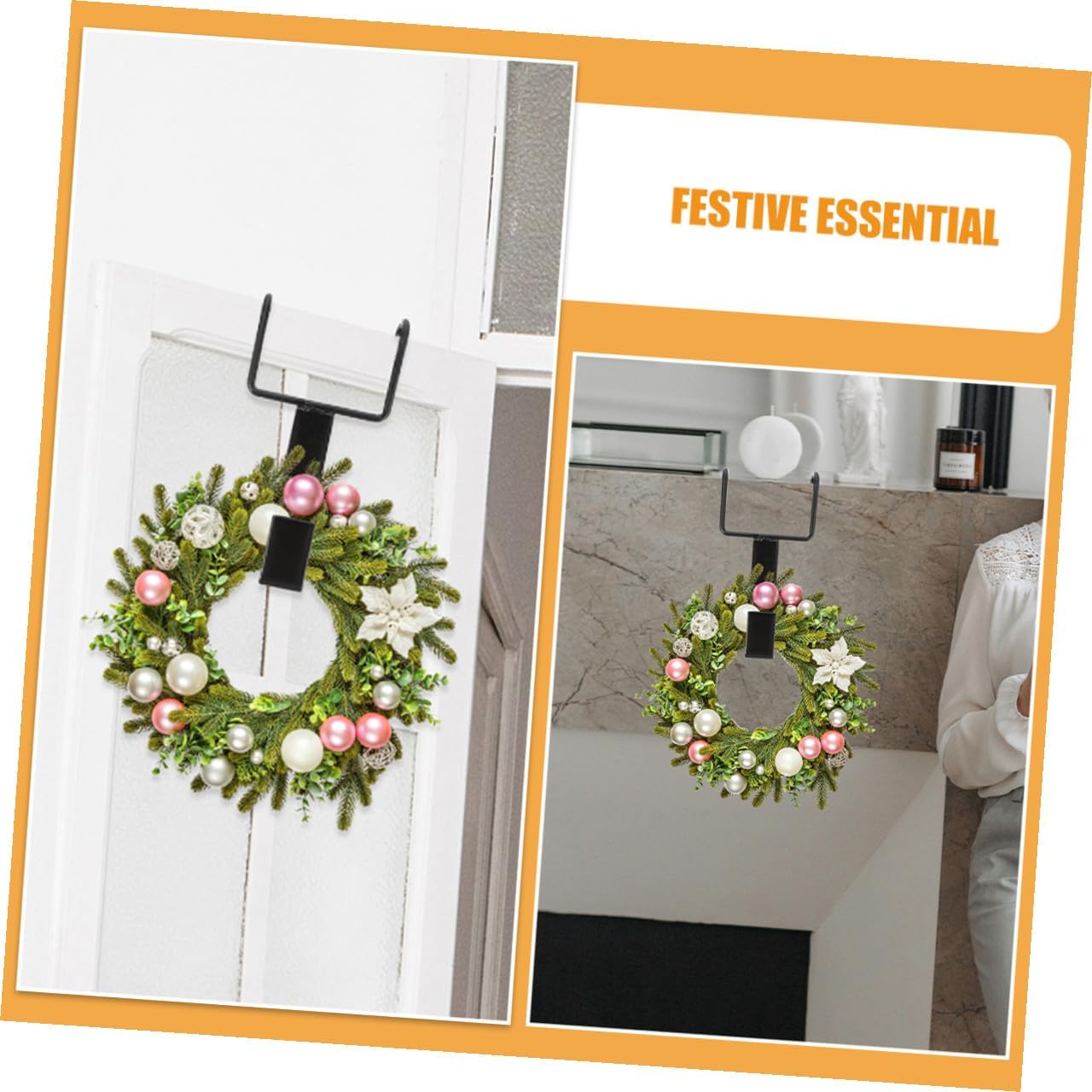 ORFOFE 4pcs Black Over Door Wreath Hangers Cast Iron Double Hooks for Front Door Holiday Decorations Suitable for Christmas and Halloween Wreaths