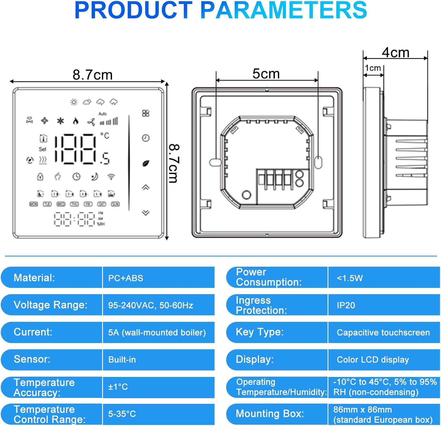 Table of technical specifications and dimensions for the Wattive BHT-006GCLW Smart Thermostat.