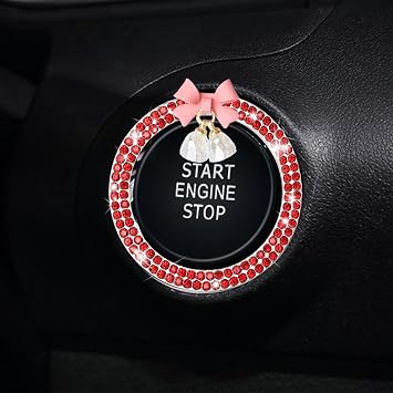 Red Car Start Button Cover Sticker, Bow Crystal Bell Start Decals, Key Ignition Knob Bling Ring, Automotive Interior Accessories Decoration for Women Girl