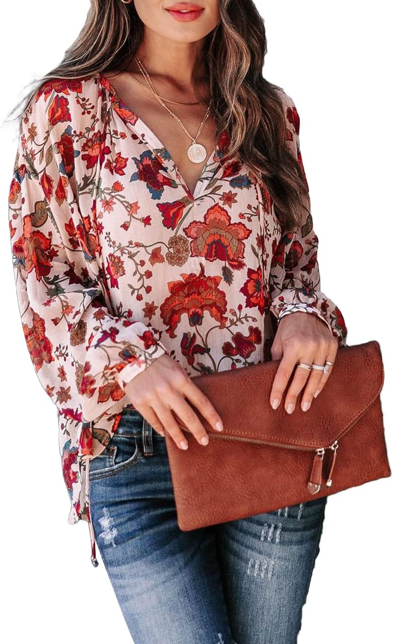 MLEBR Womens Blouses Summer V Neck Long Sleeve Flower Floral Blouses Tops Shirts Tunics Casual for Work Loose Style Small - Image 3