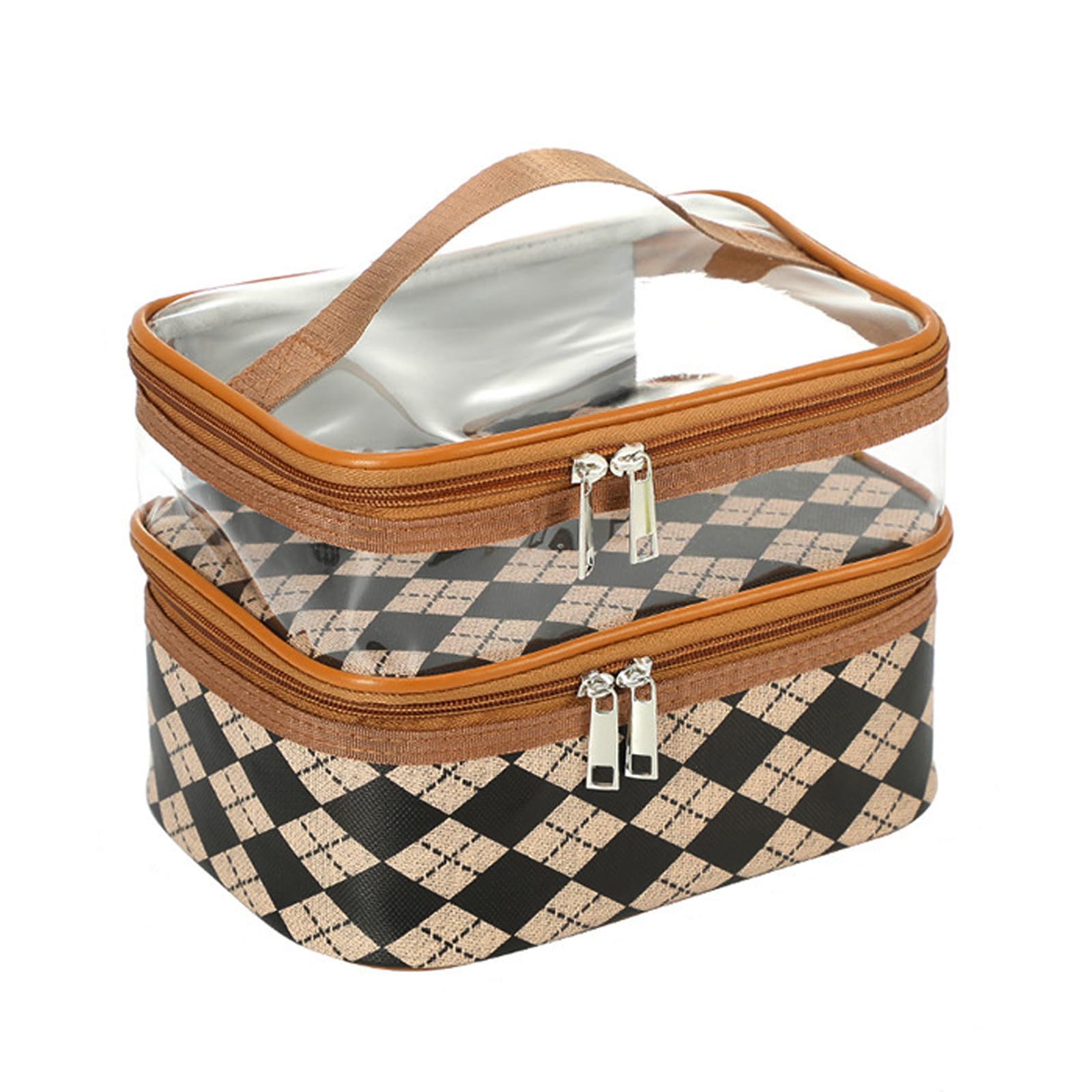 VEEKIDouble Layer Cosmetic Bag Toiletry Bag Makeup Bag Organizer Large Capacity Waterproof Makeup Case for Travel and Daily Use (coffee diamond plaid), coffee diamond plaid