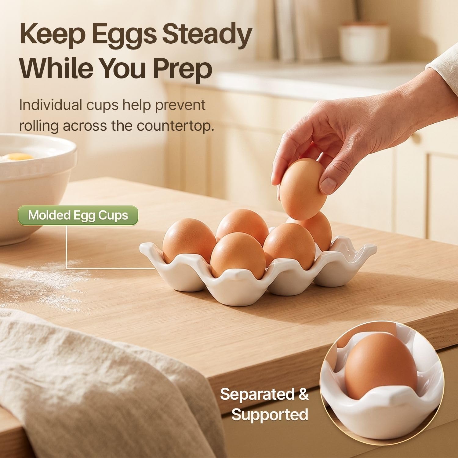 Flexzion Ceramic Egg Holder for Fridge, 6-Cup Porcelain Egg Tray, White image 3