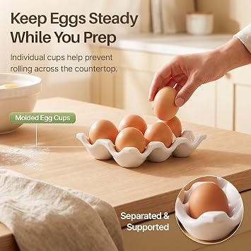Flexzion Ceramic Egg Holder for Fridge, 12 Cup Porcelain Egg Tray, White