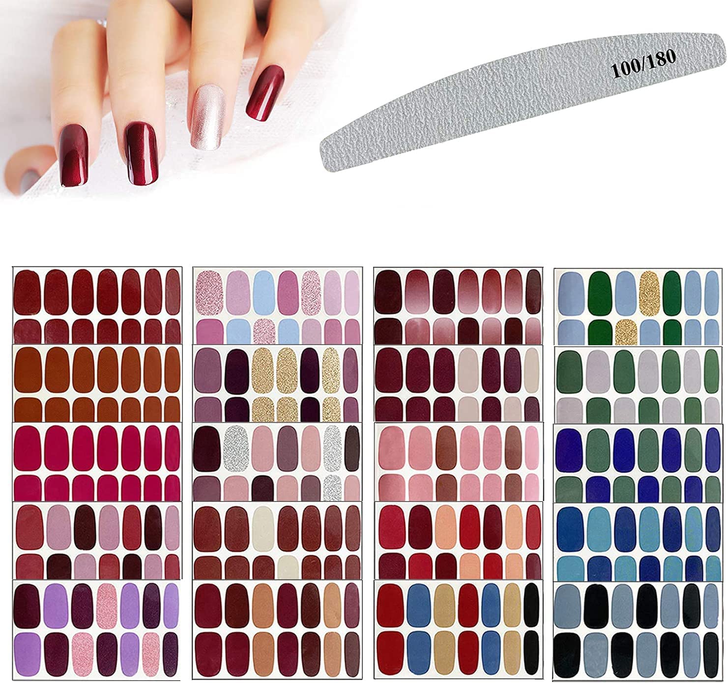 ELECDON Nail Art Polish Stickers Set, Solid Color Self-Adhesive Wraps, Full Strips Nail Decals Manicure Kit for Women Girls DIY Nails, Classic Assorted Colors Decoration, 20 Sheets
