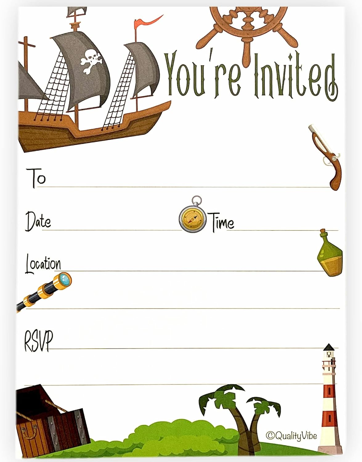 25 Pirate Invitations With Envelopes, Fill In Style You're Invited, Pirated Themed